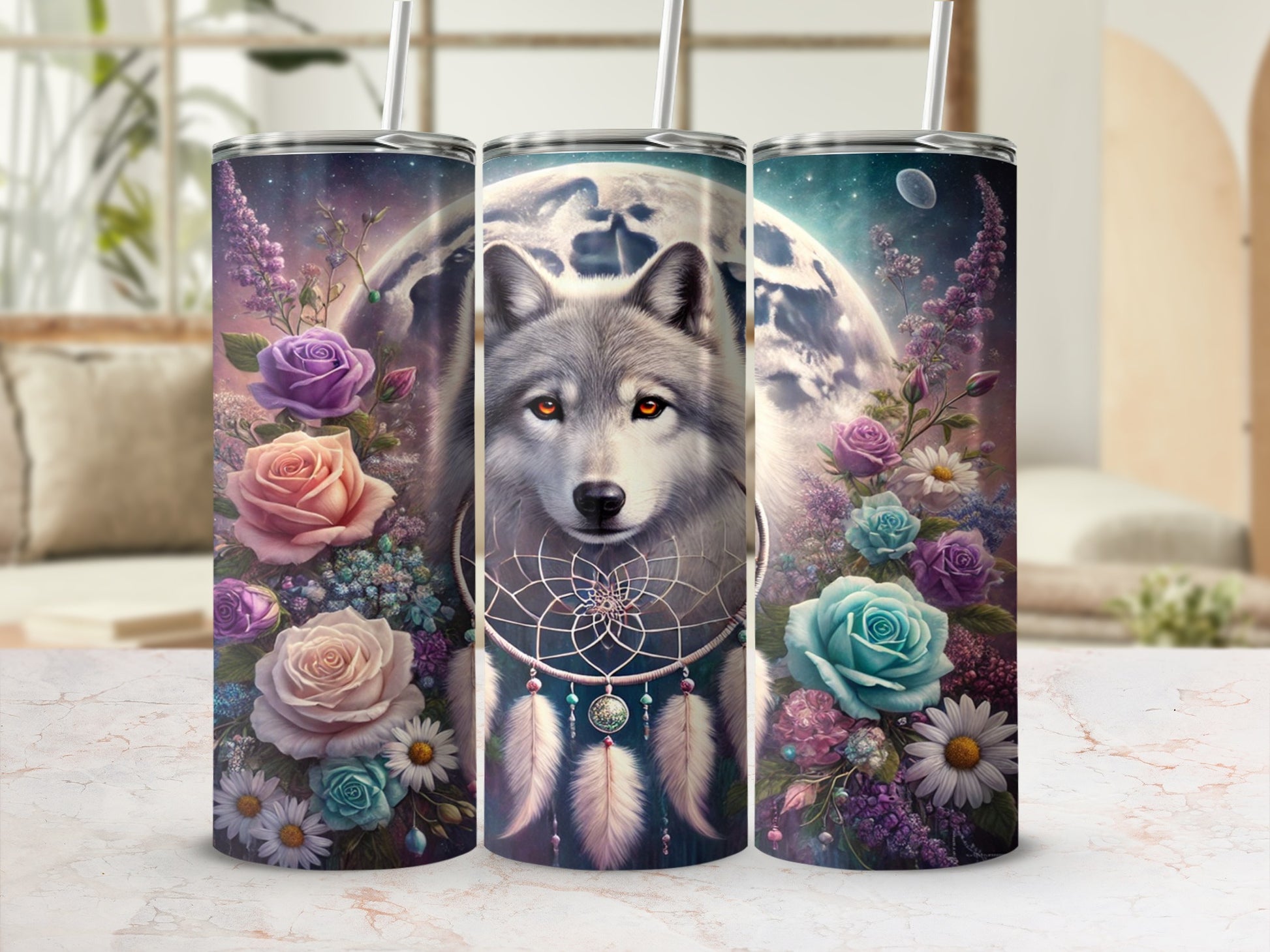 Wolf and Floral Dreamcatcher Tumbler in Cosmic Design