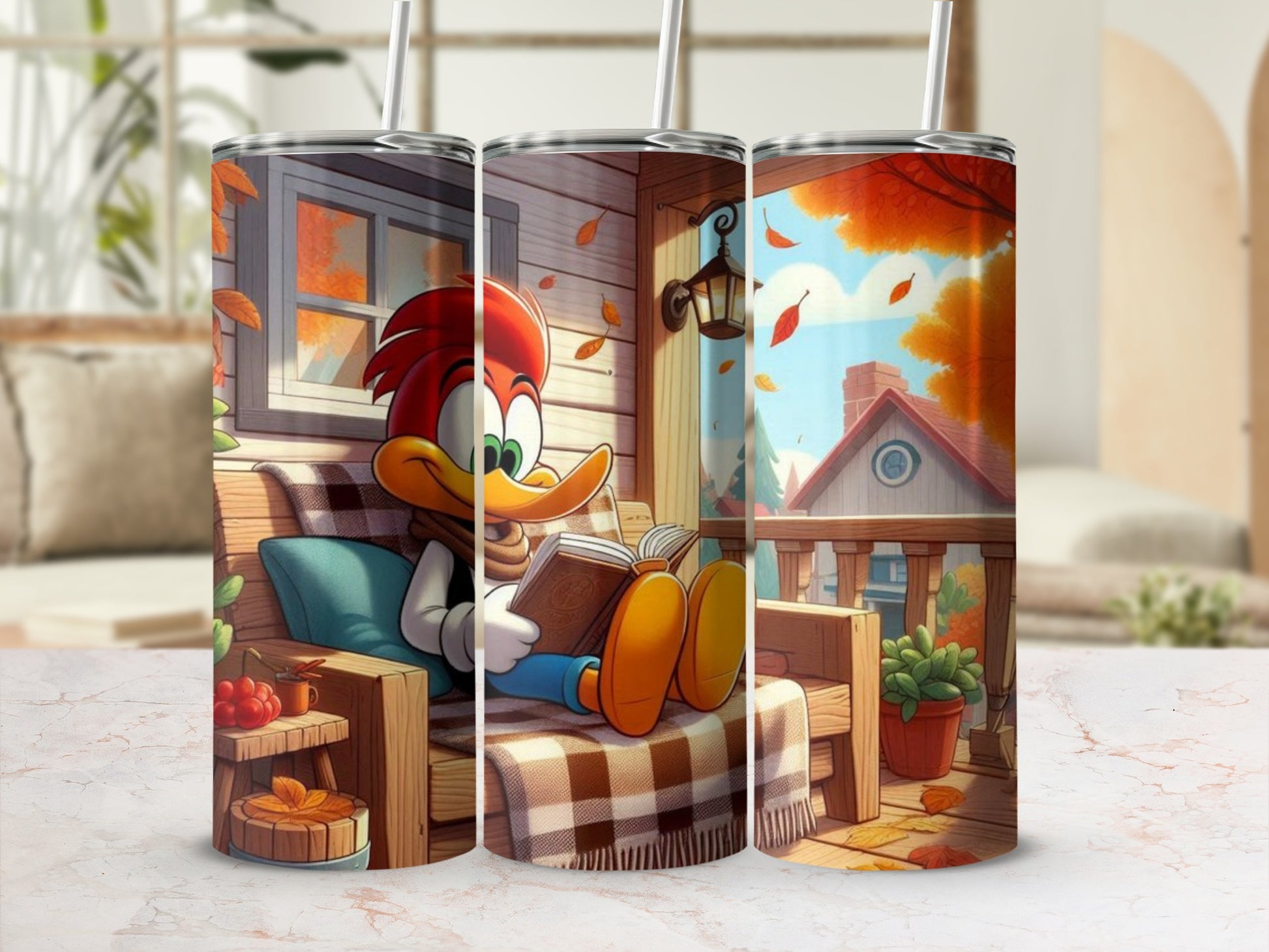 Cozy Autumn Theme Tumbler with Cartoon Character Design