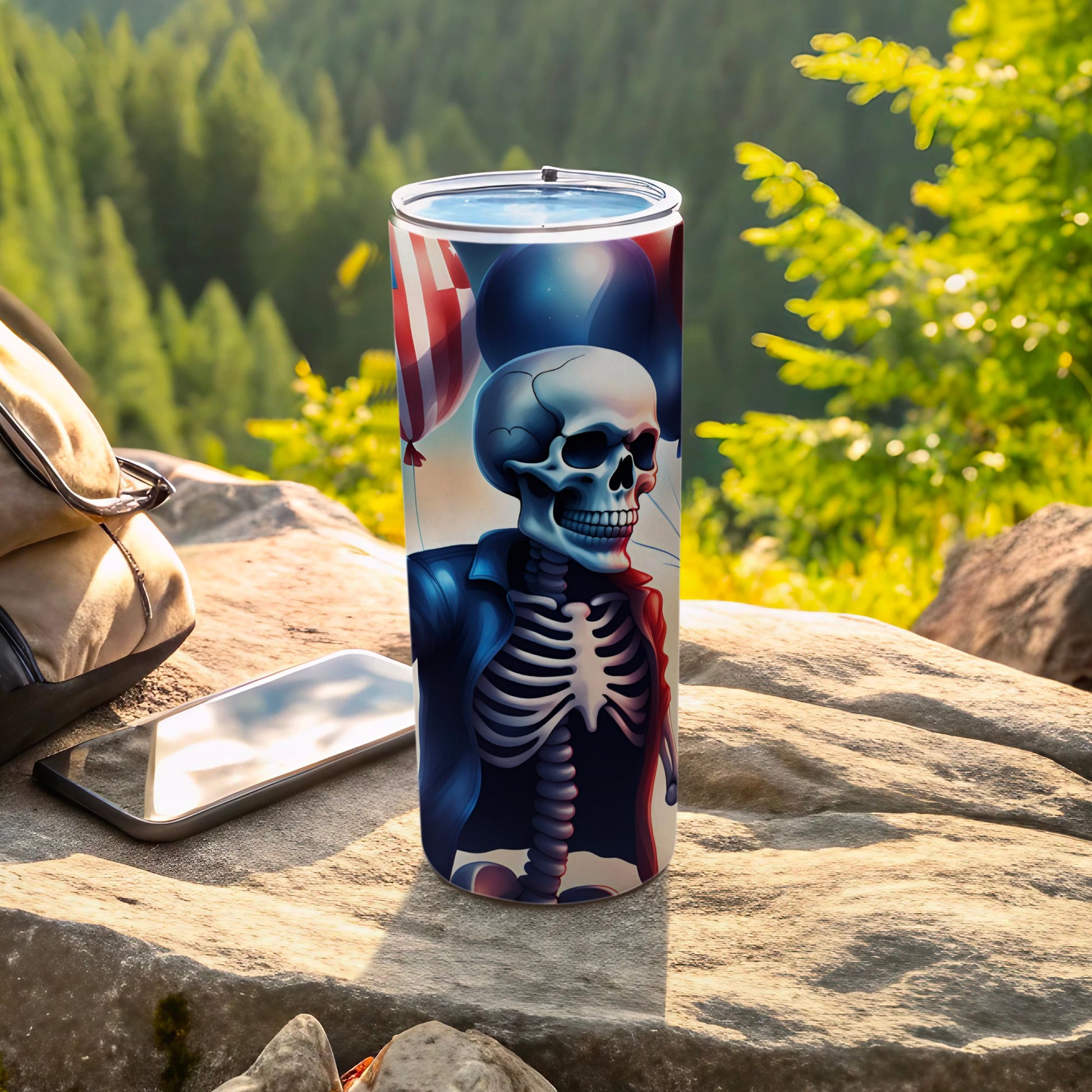Skeleton in a suit with balloons on a travel tumbler.