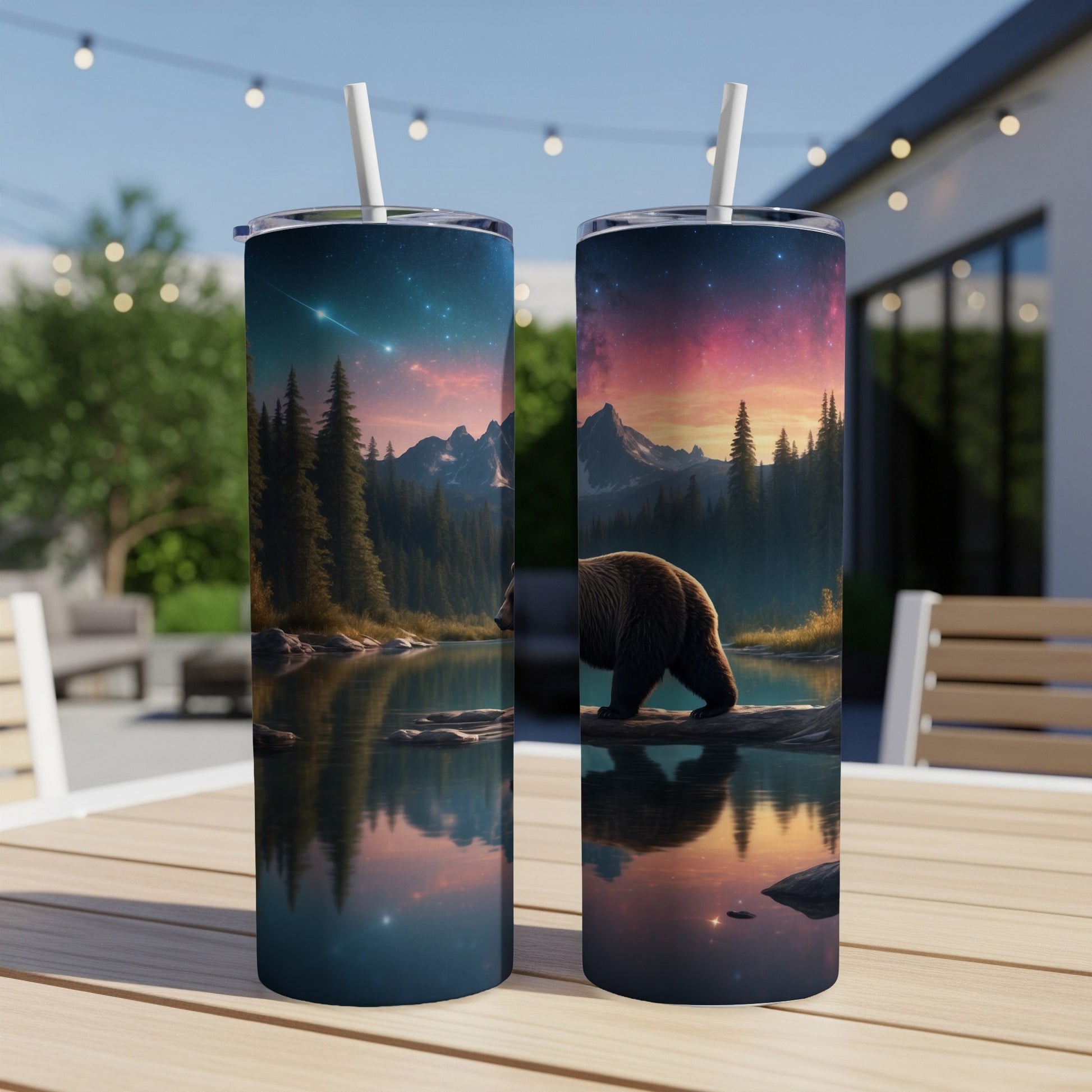 Bear by lake at sunset, mountains, starry sky, on a tumbler.