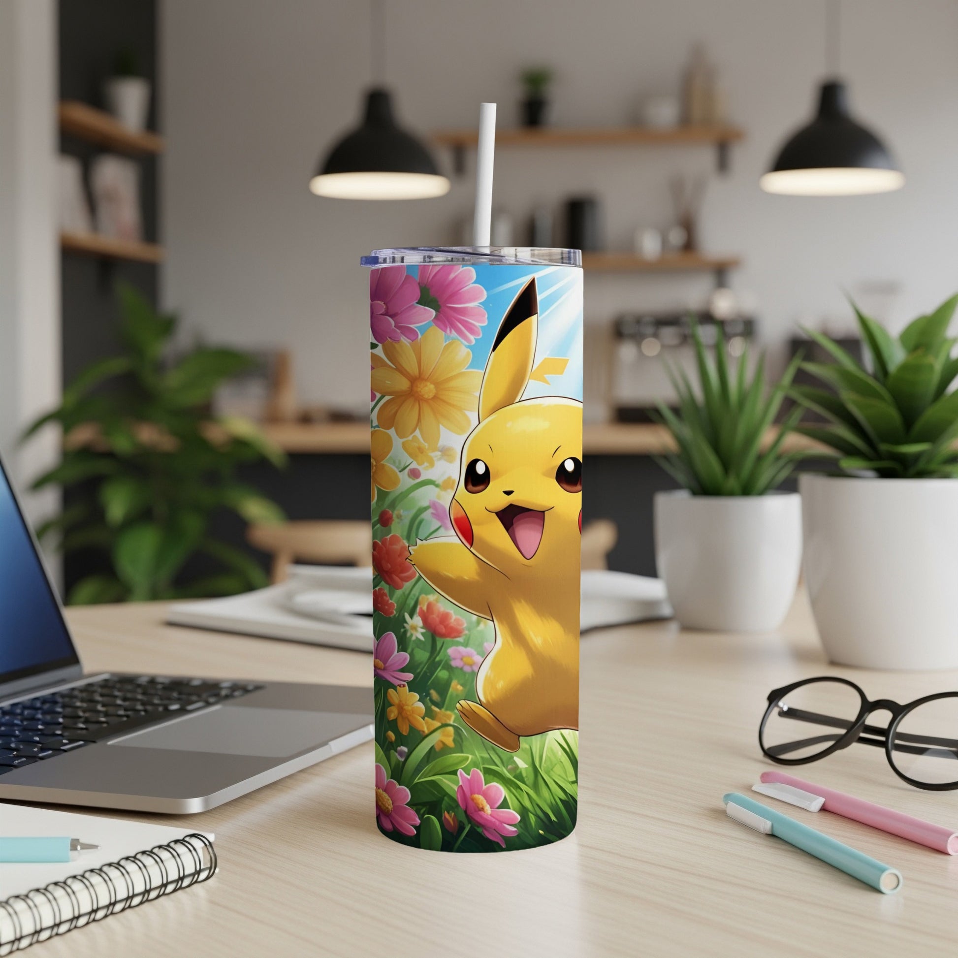Pikachu with flowers on a tumbler with a straw.