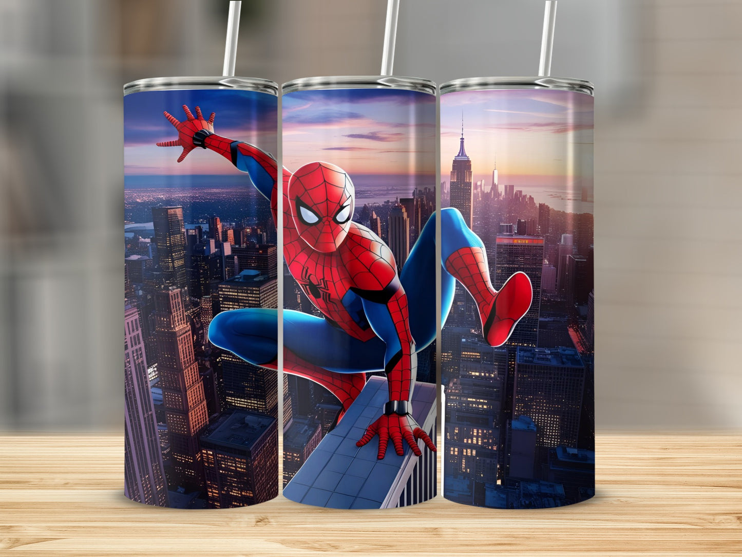 Spiderman leaping across a cityscape with a skyscraper background.