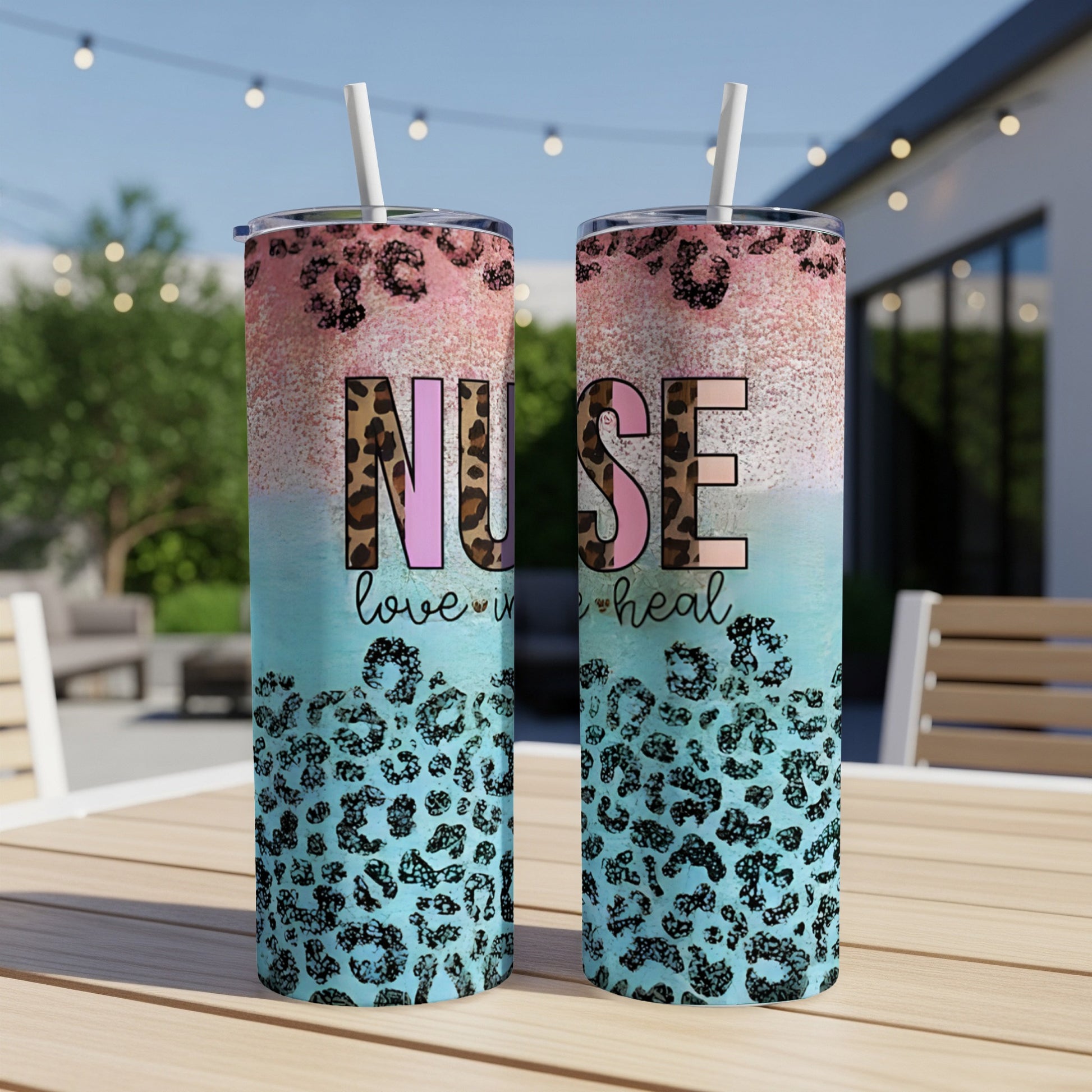 Nurse tumbler with leopard print and "love to heal" text.