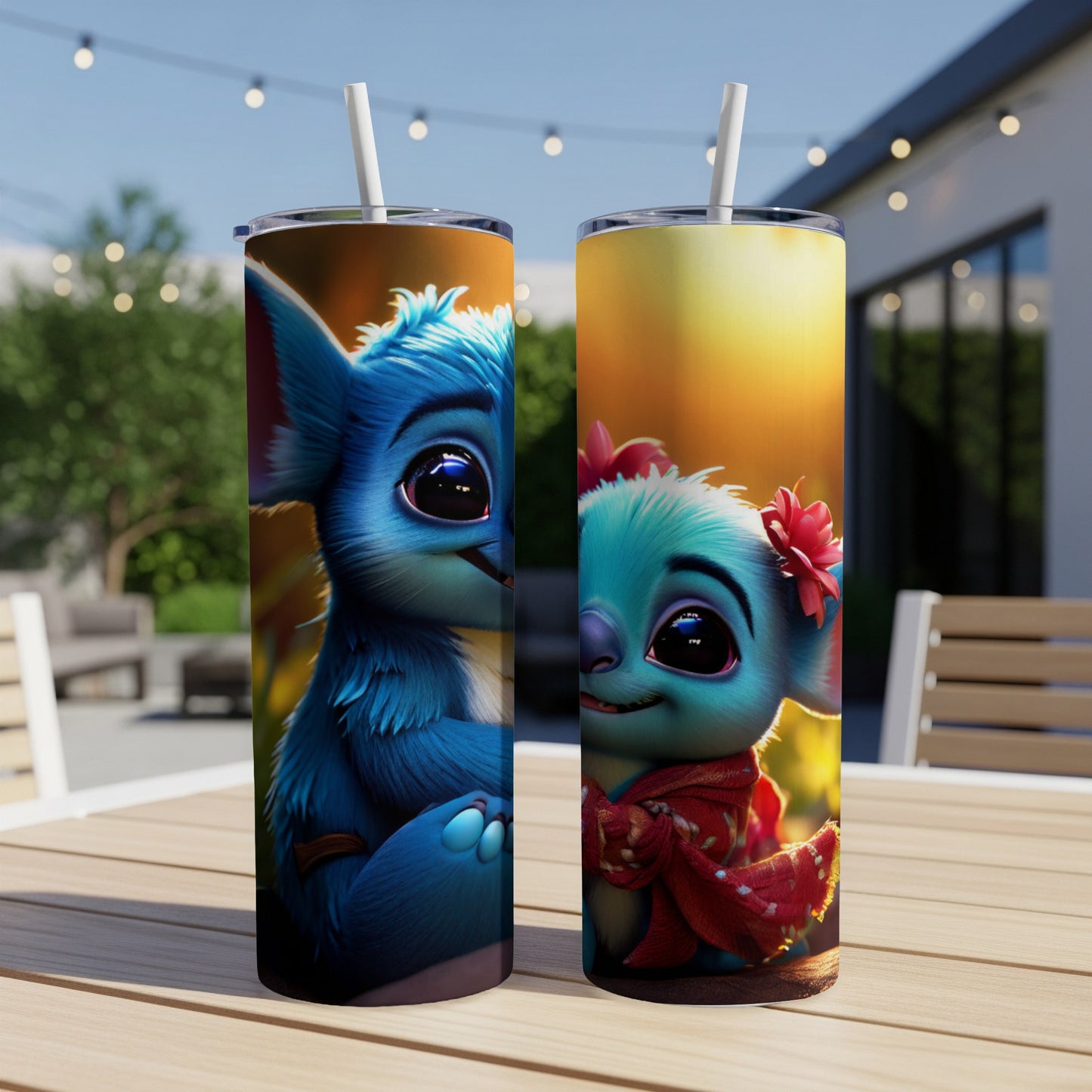 Two Stitch tumblers with colorful backgrounds.