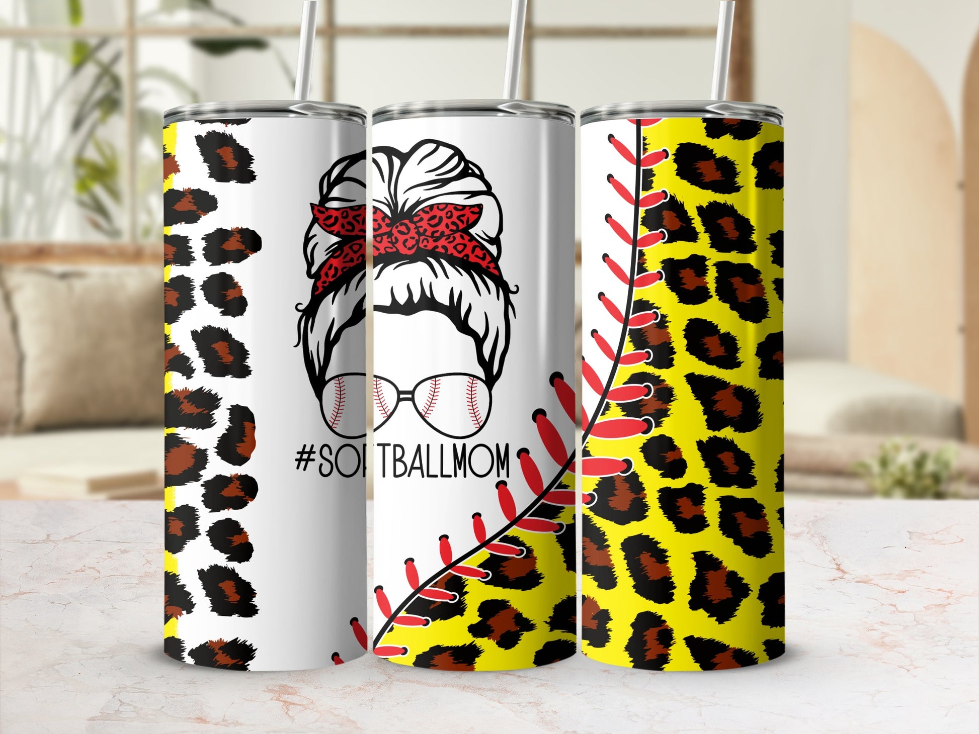 Softball mom tumbler with leopard print and baseball stitching.
