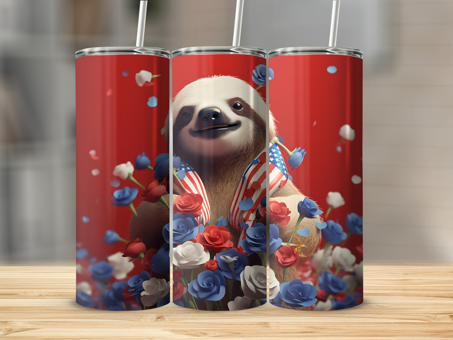 Sloth in American flag shawl surrounded by red, white, and blue flowers.
