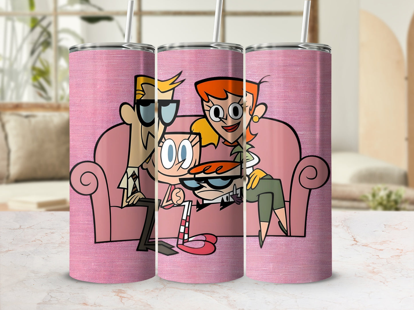 Family Cartoon Design on Pink Background Tumbler