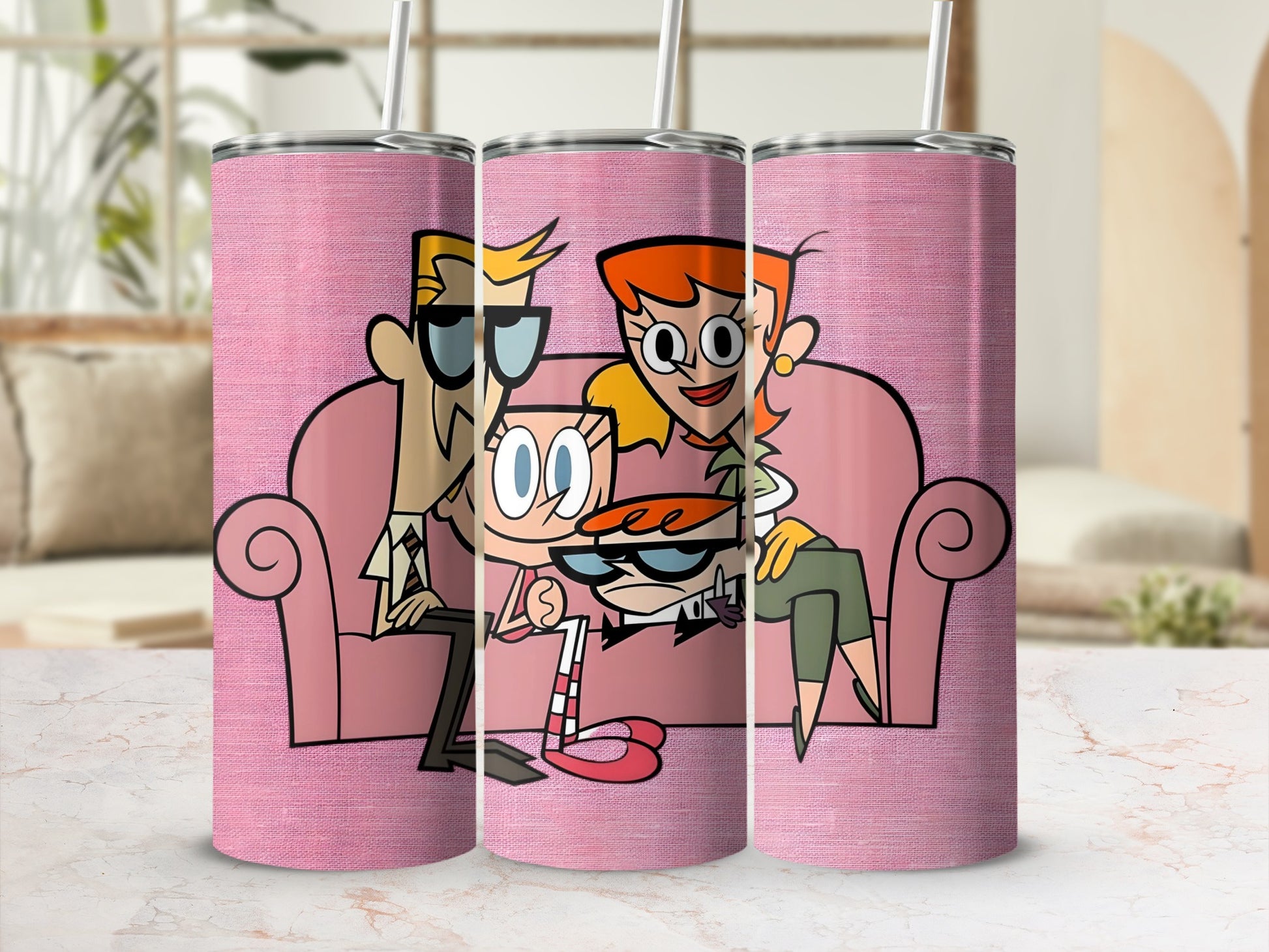 Family Cartoon Design on Pink Background Tumbler