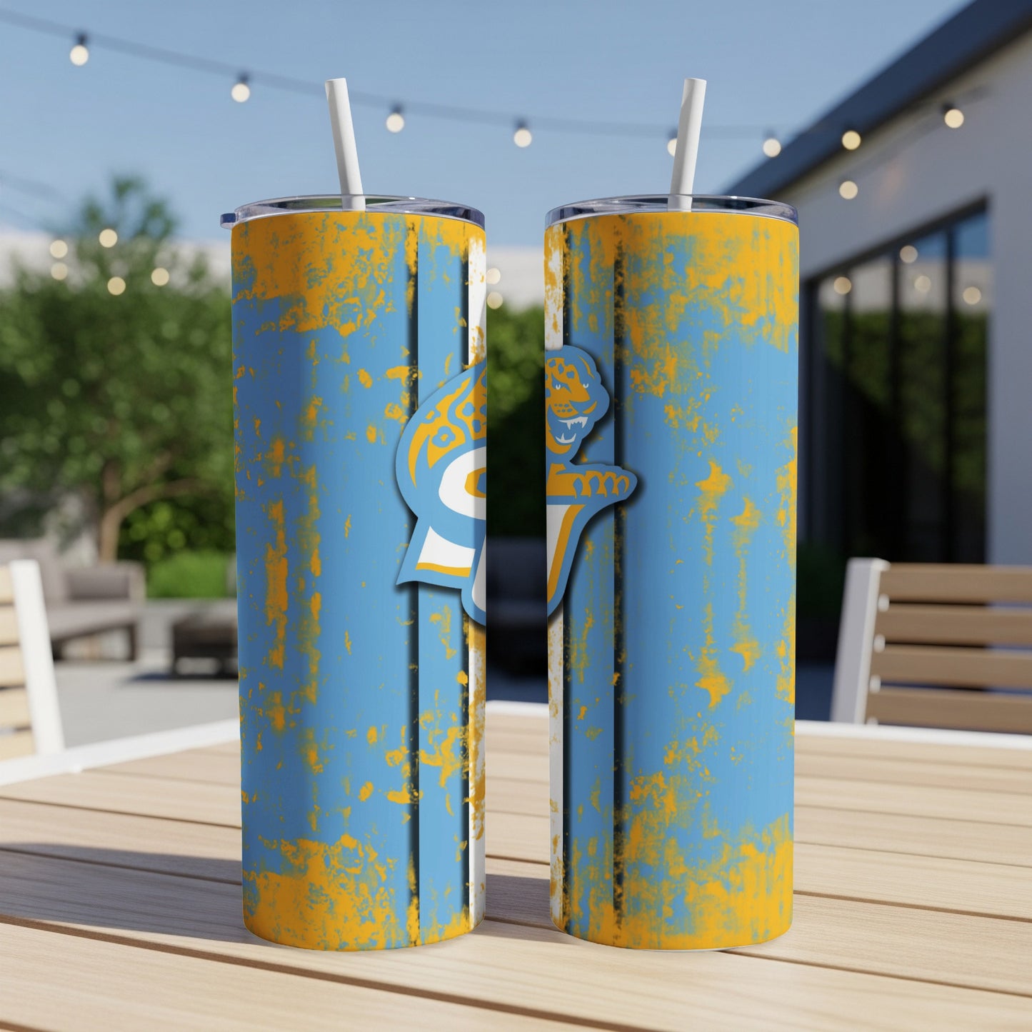 Two tumblers with a blue and orange distressed pattern and a feline logo.