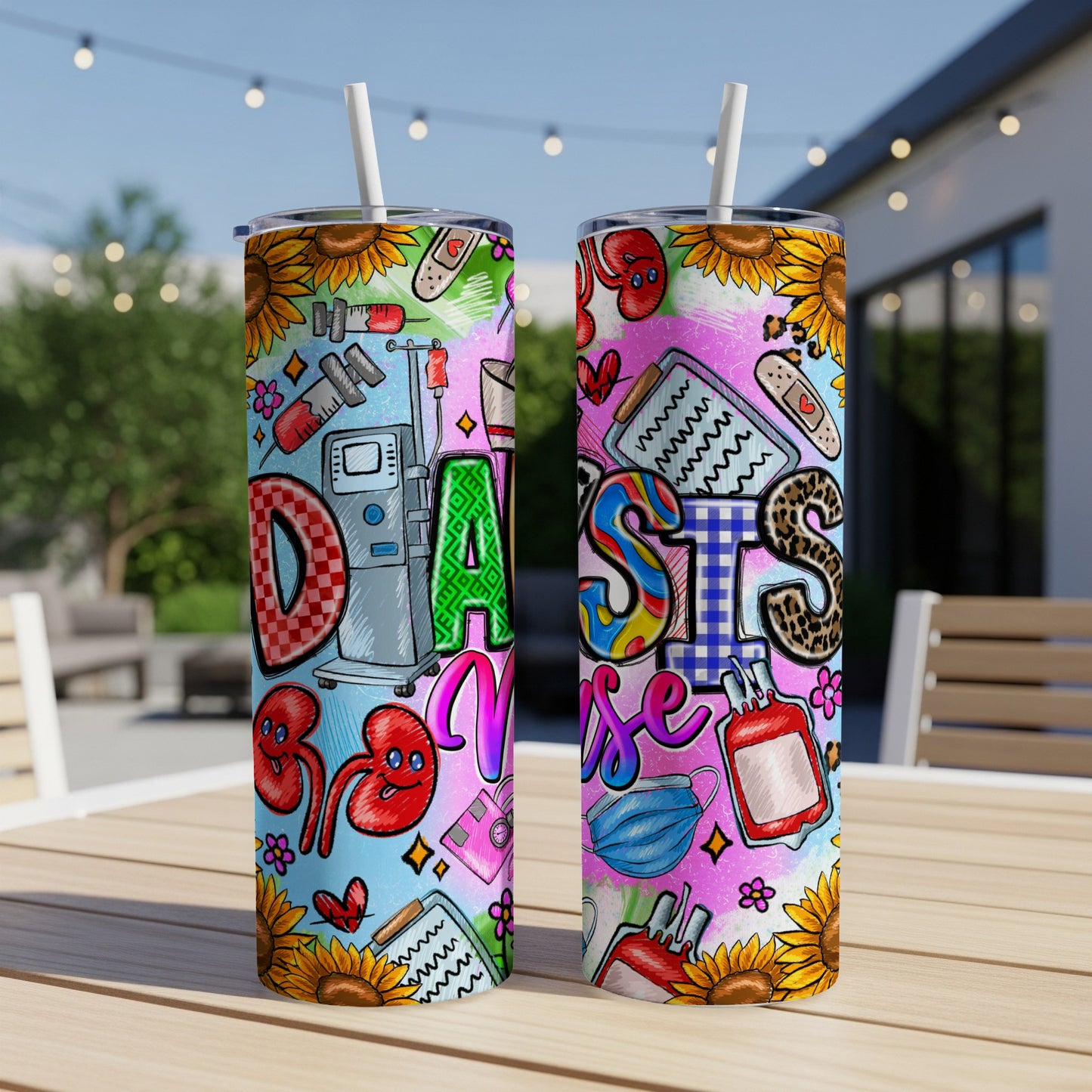 Colorful tumbler with "RN" and "Nurse" text, kidneys, and medical icons.