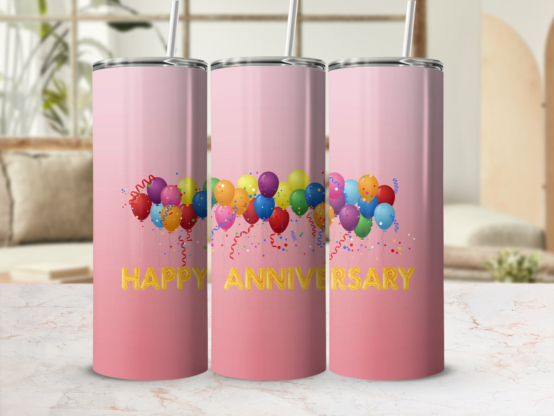 Pink gradient tumblers with balloons and "Happy Anniversary" text.