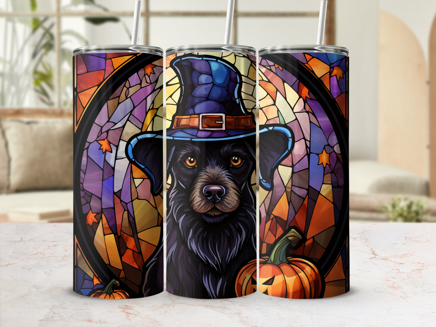 Black dog in a witch hat with pumpkins, stained glass background.