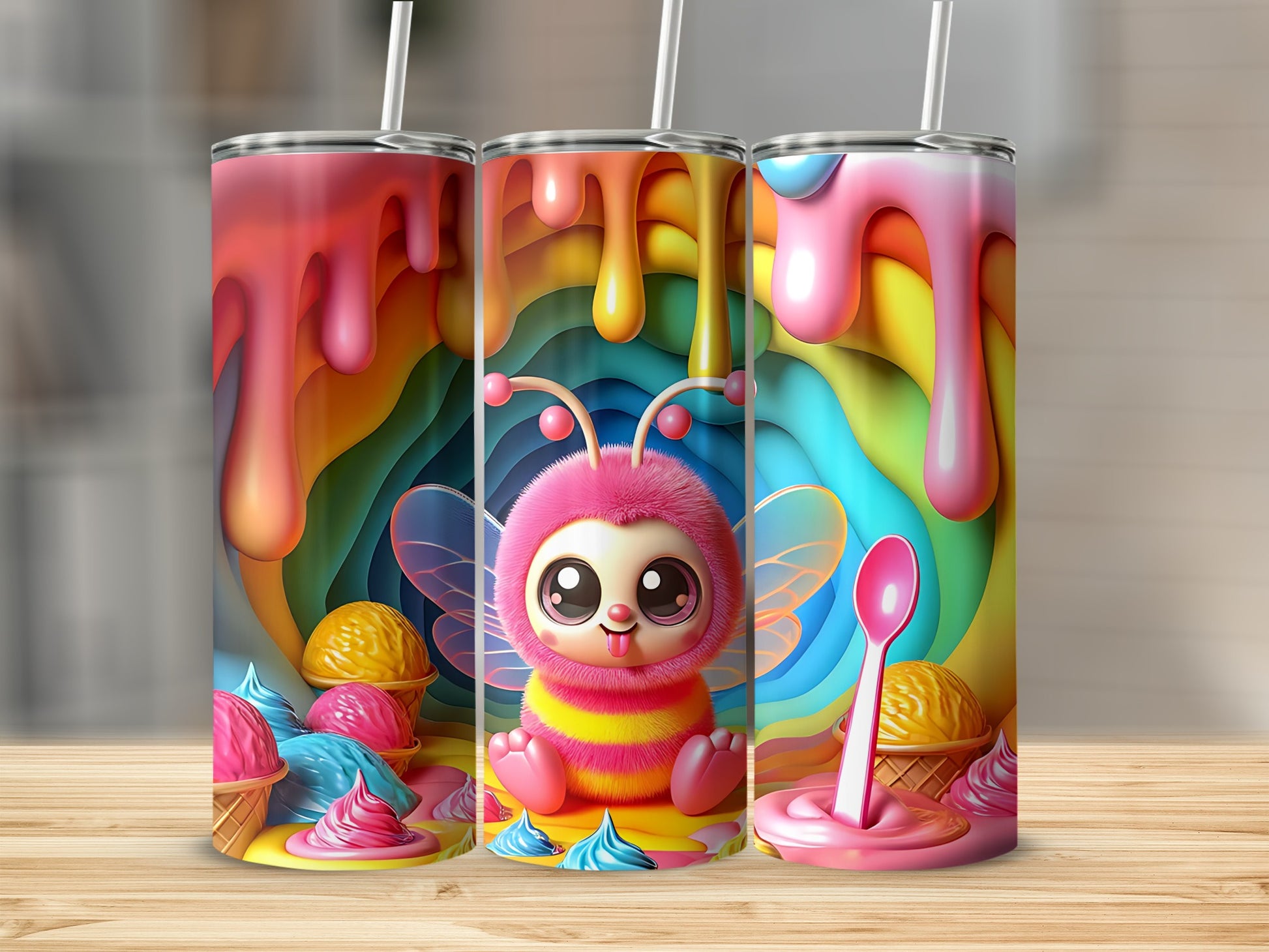 Cute bee character wearing fuzzy suit with ice cream cones and colorful drips.