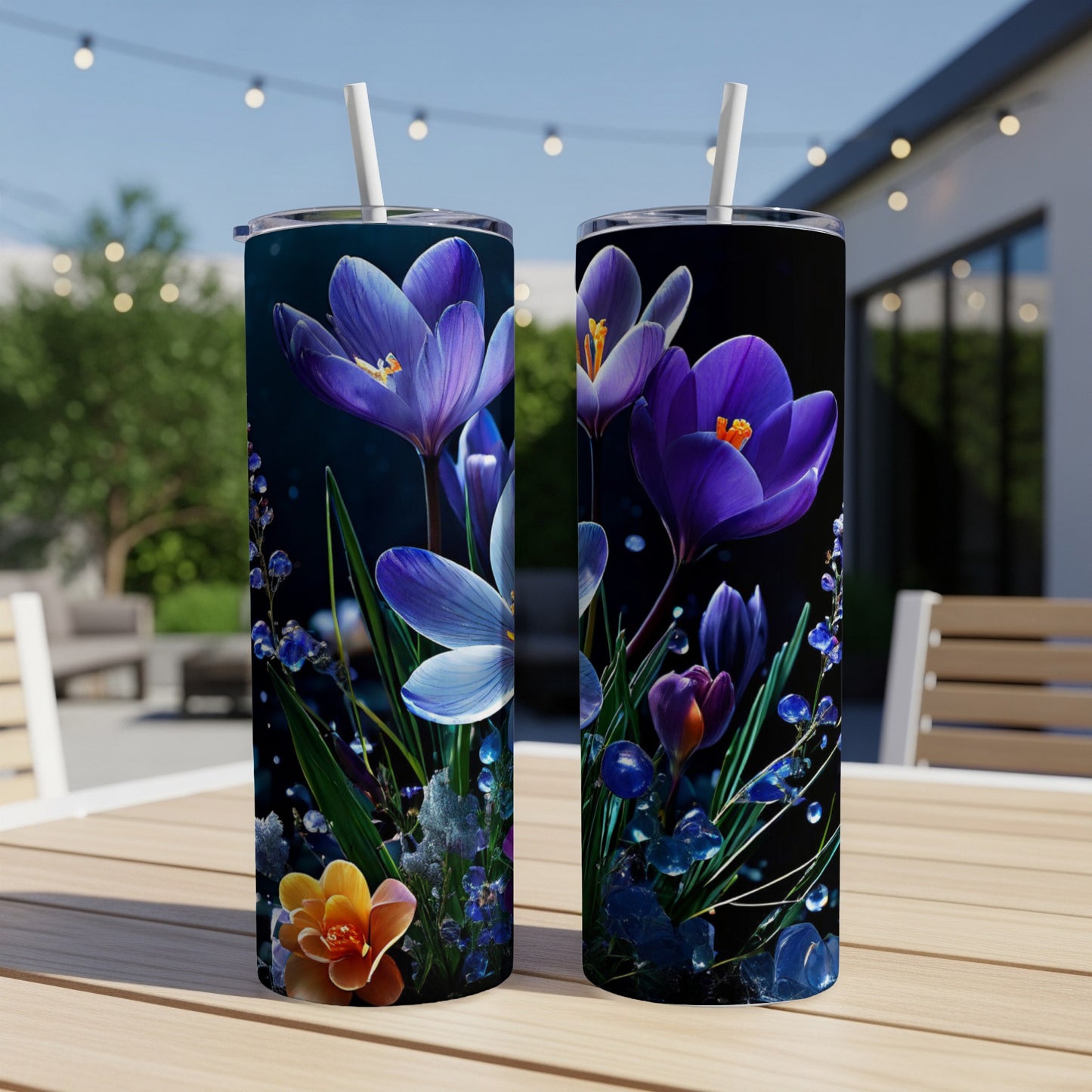 Two tumblers with vibrant purple crocuses and dew drops against a dark background.