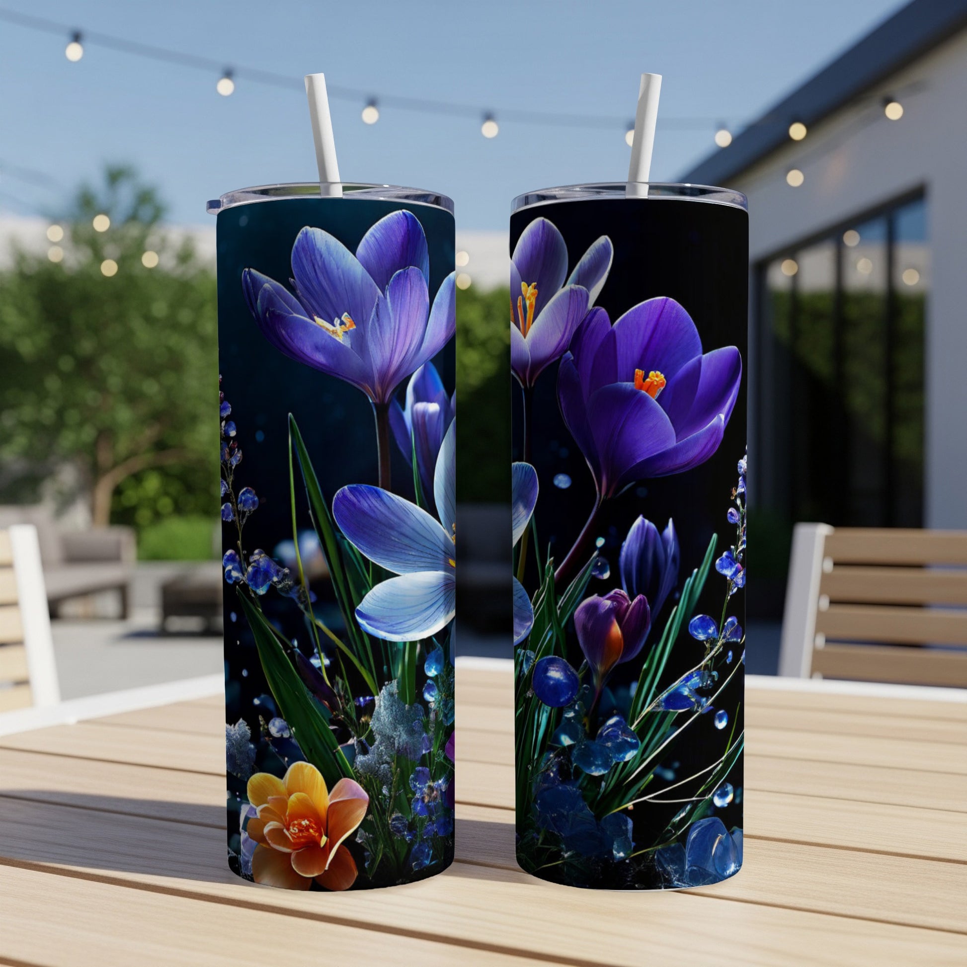 Two tumblers with vibrant purple crocuses and dew drops against a dark background.