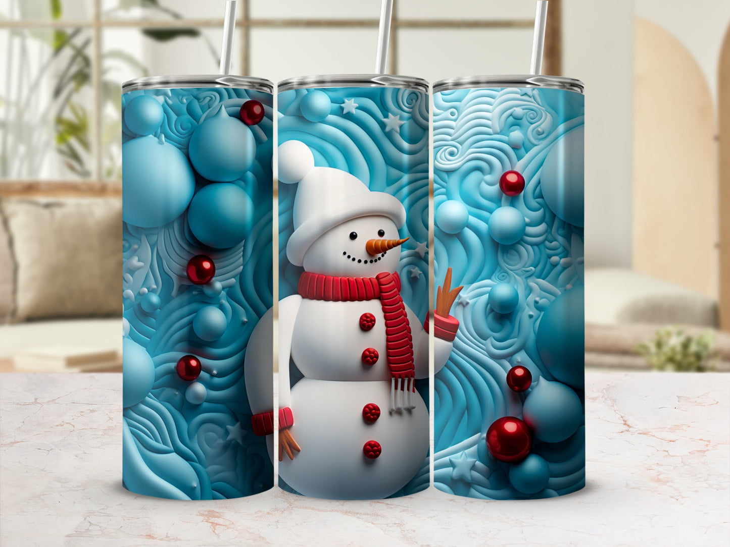 Festive Snowman Design Insulated Tumbler with Straw