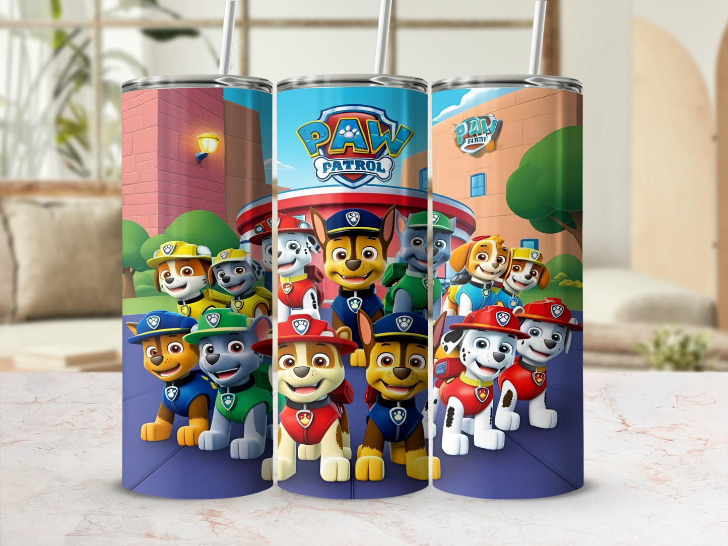 Paw Patrol characters on tall, cylindrical tumblers, front view, bright colors.