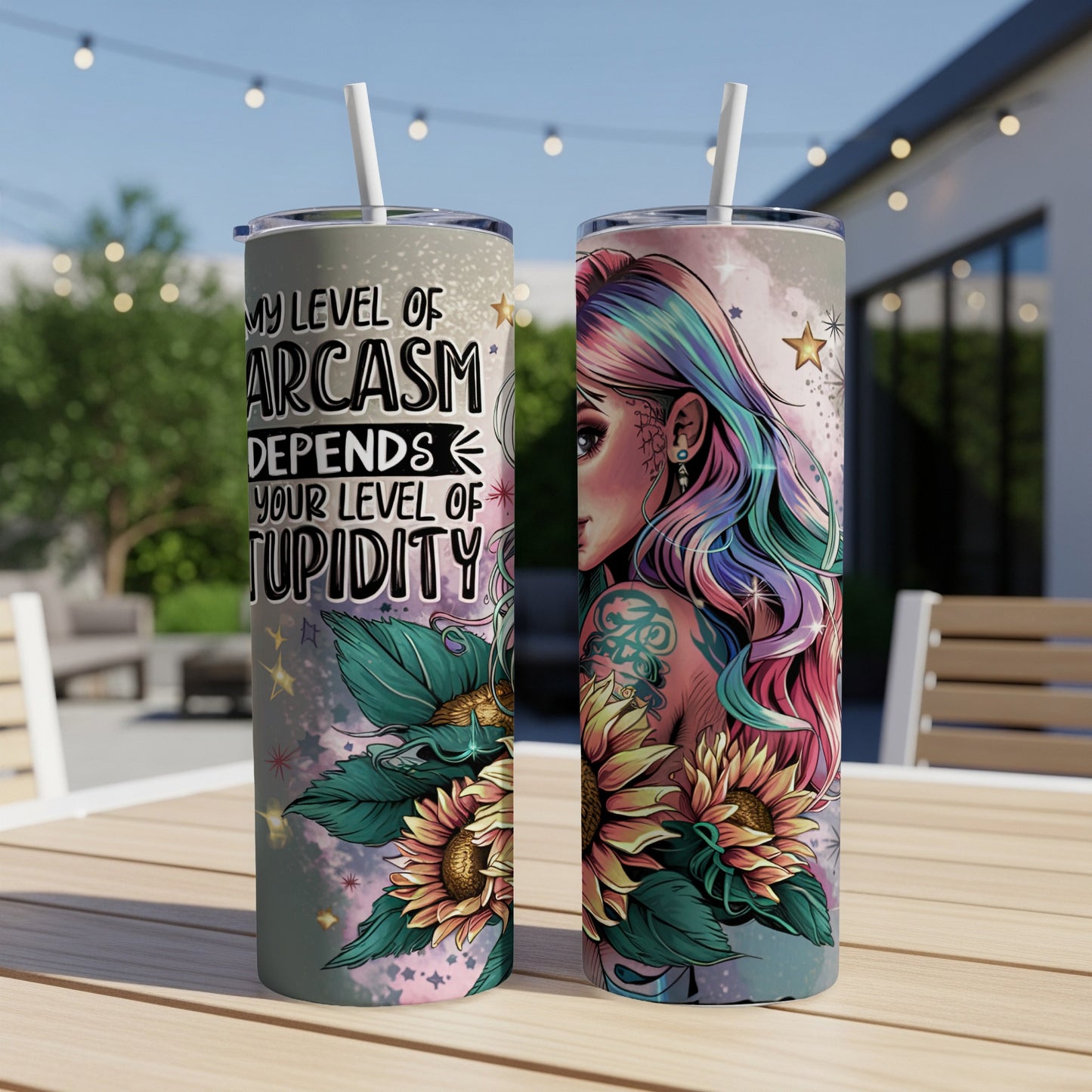 Tumbler with "My level of sarcasm depends your level of stupidity" text and colorful graphic.