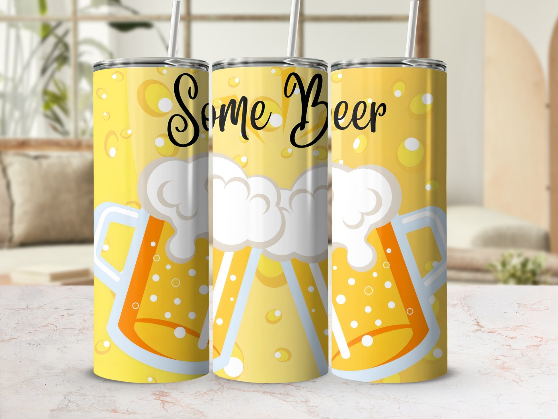 Yellow Beer Themed Tumbler with Text Some Beer