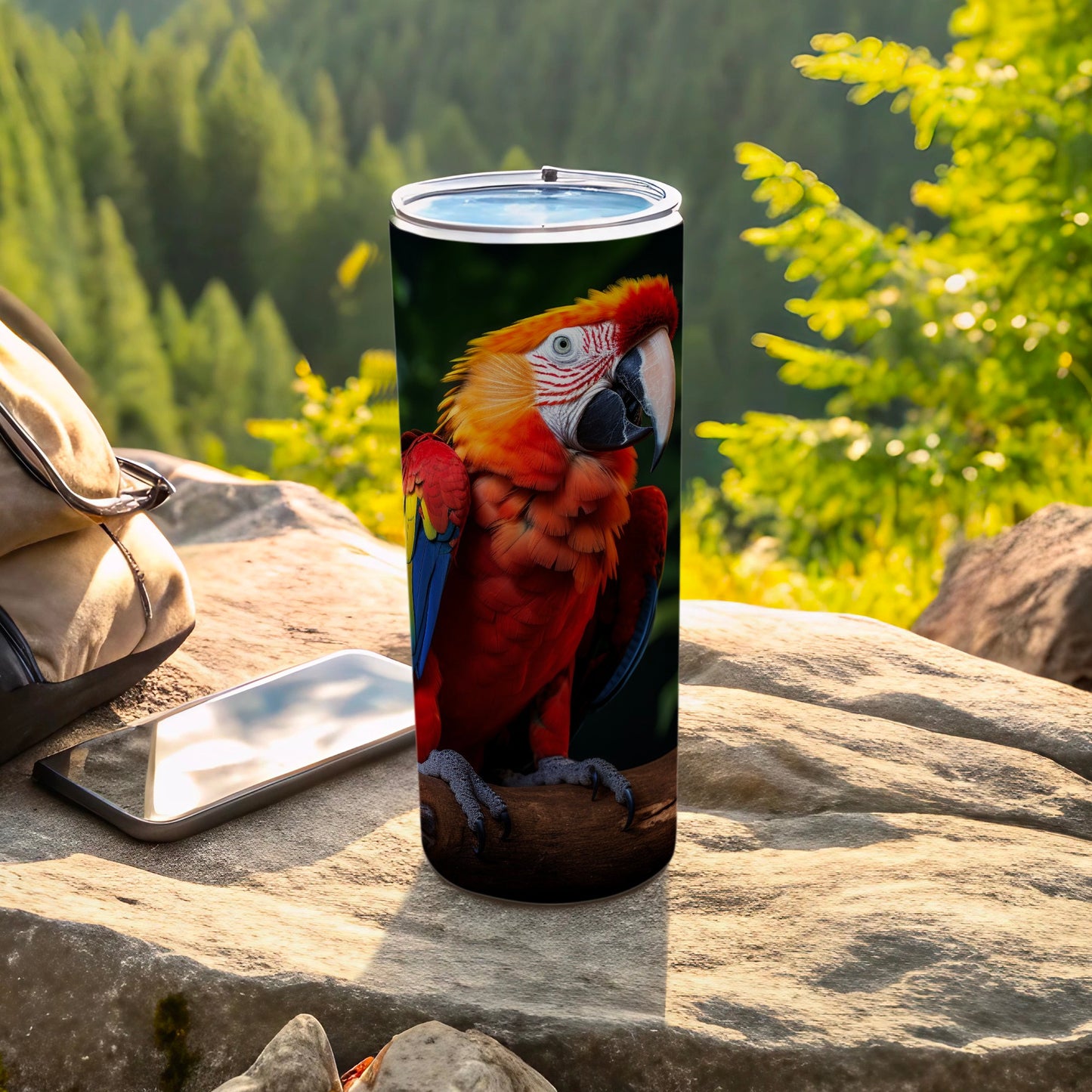 Vibrant Macaw Bird Design Colorful Outdoor Tumbler product type
Macaw, Parrot, Bird print, Tropical design, Exotic animal, Colorful tumbler, Wildlife art, Nature scene, Outdoor mug, Travel drinkware, Beverage holder, Animal themed, Bird watcher gift, Unique tumbler, Red macaw design, Jungle bird art, Forest background, Vibrant print, Drink container, Adventure gear