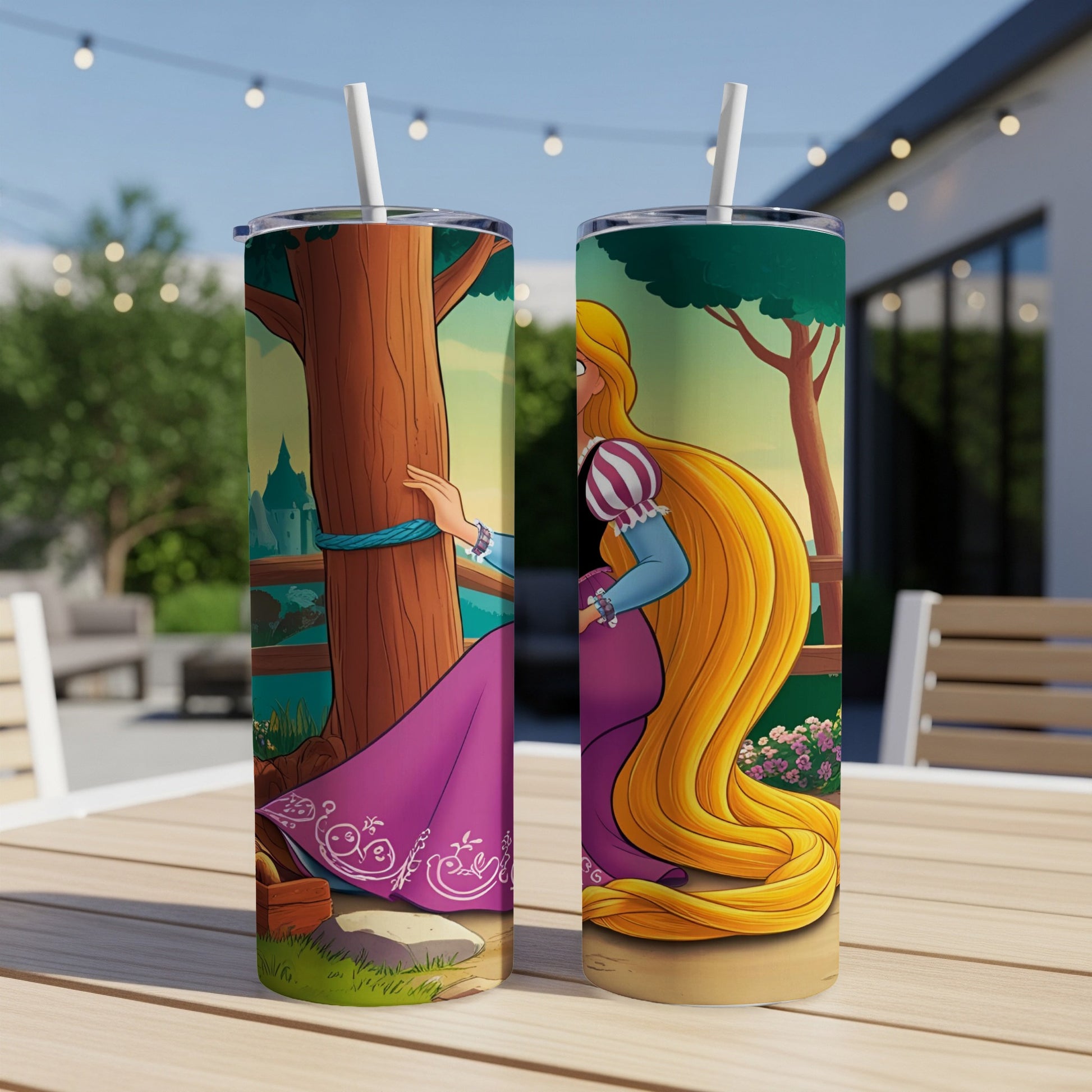 Rapunzel's long blonde hair flows down a purple dress on a tumbler.