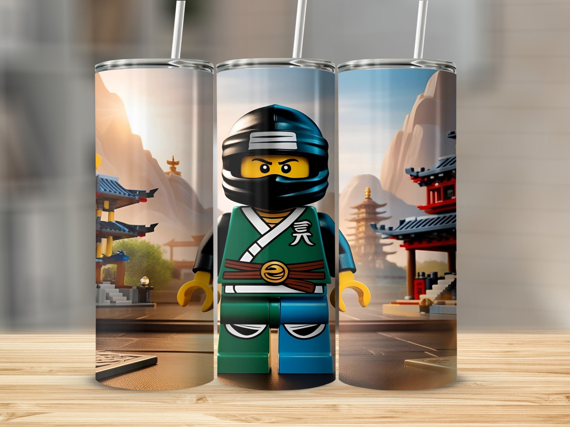 Green Lego ninja with black mask and traditional Japanese architecture background.