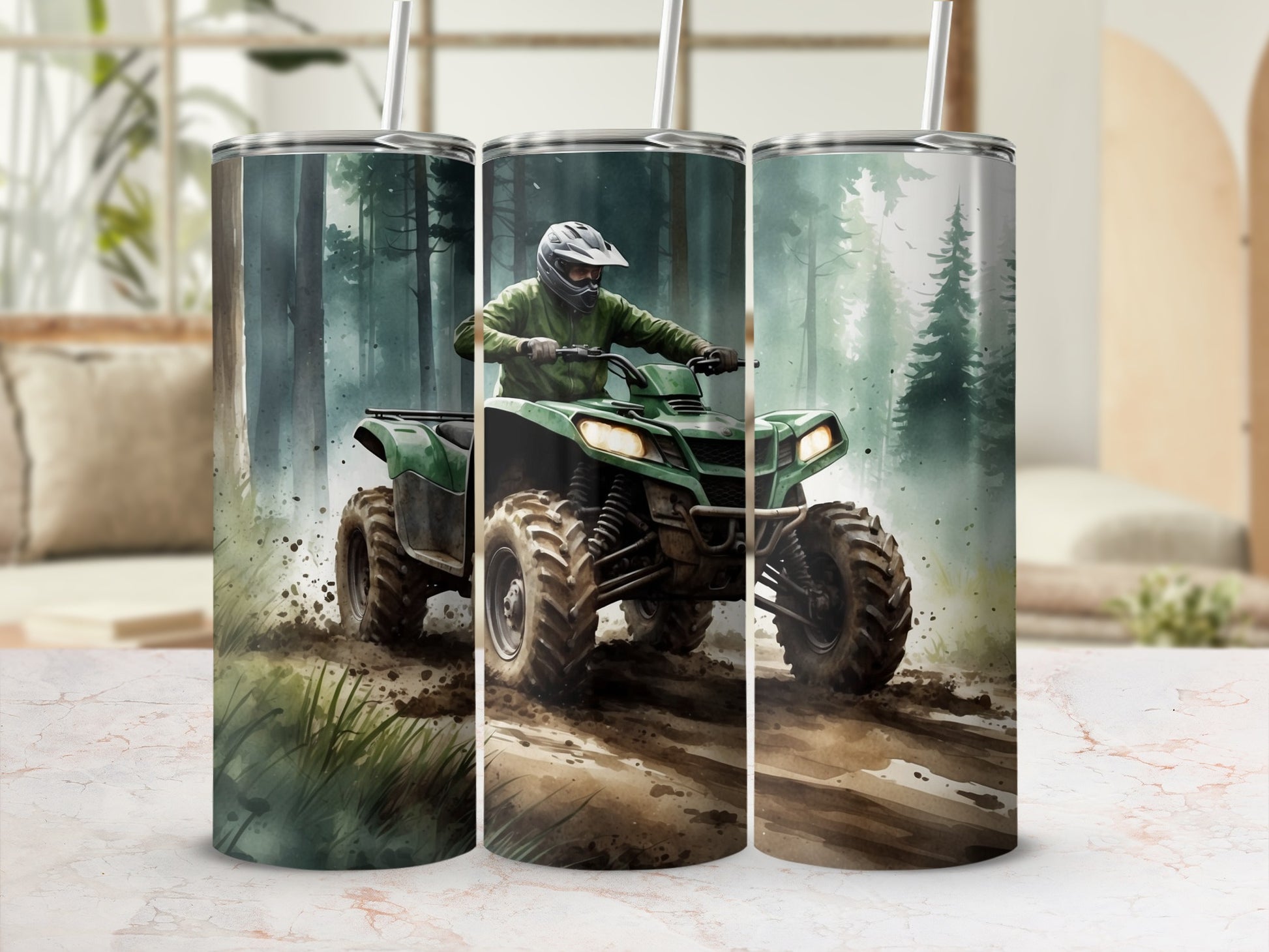Green ATV riding through muddy forest trail, watercolor style