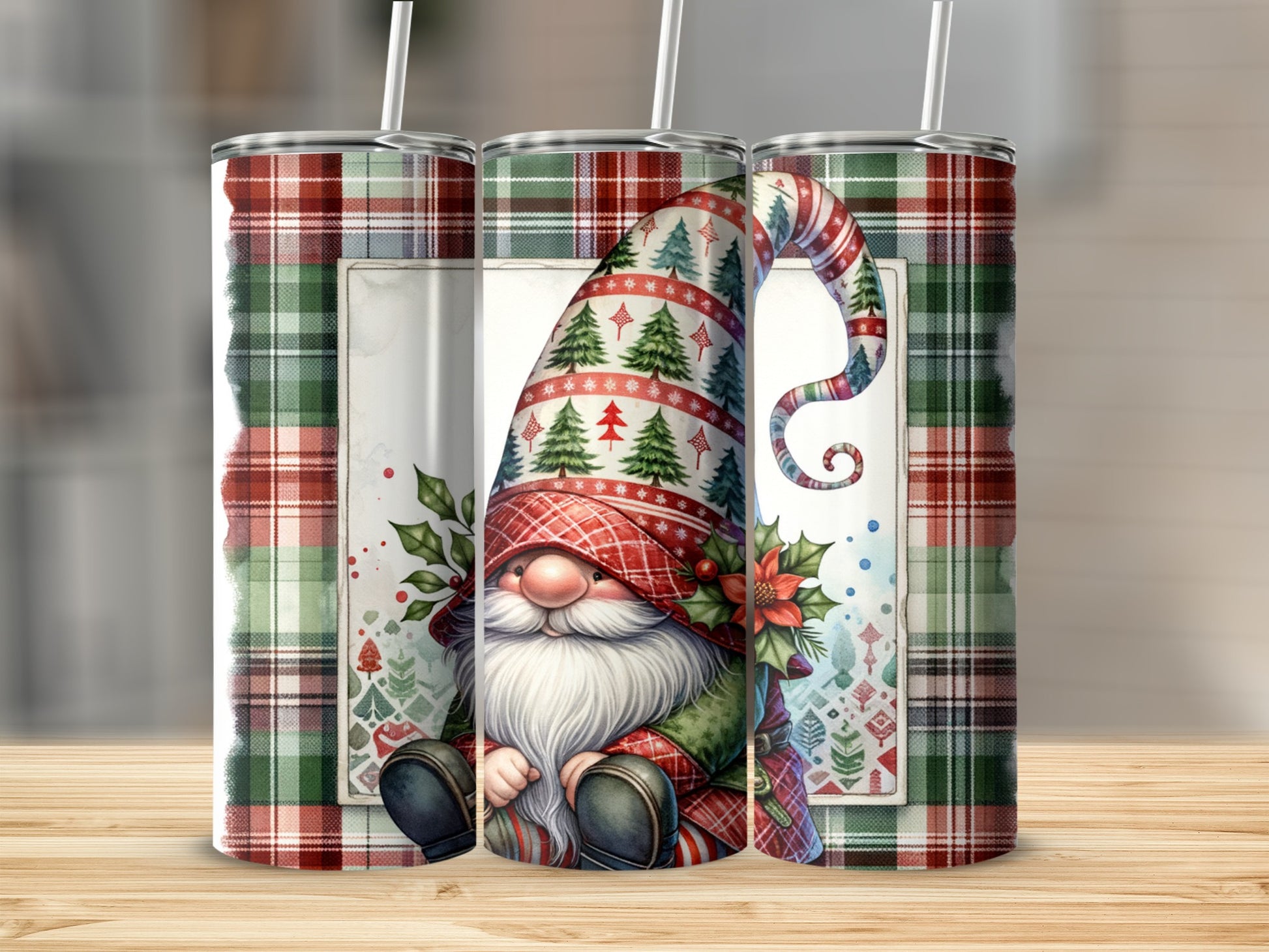 Gnome with red hat and plaid tumbler design with festive trees.