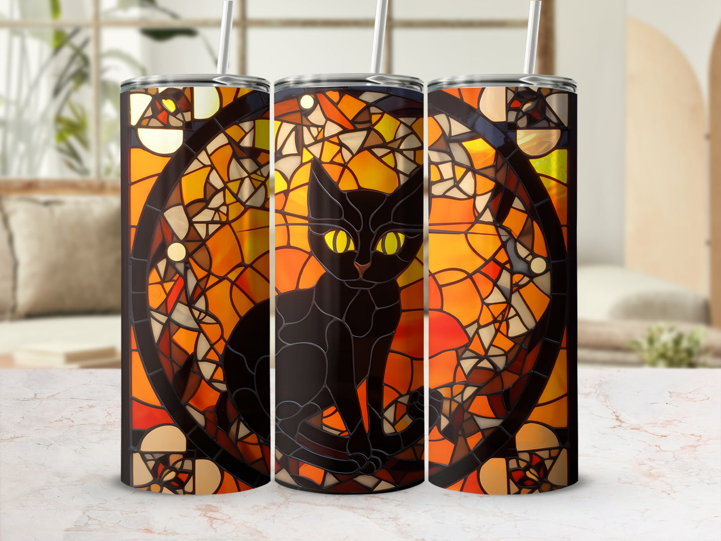 Black cat with yellow eyes within a stained glass pattern.