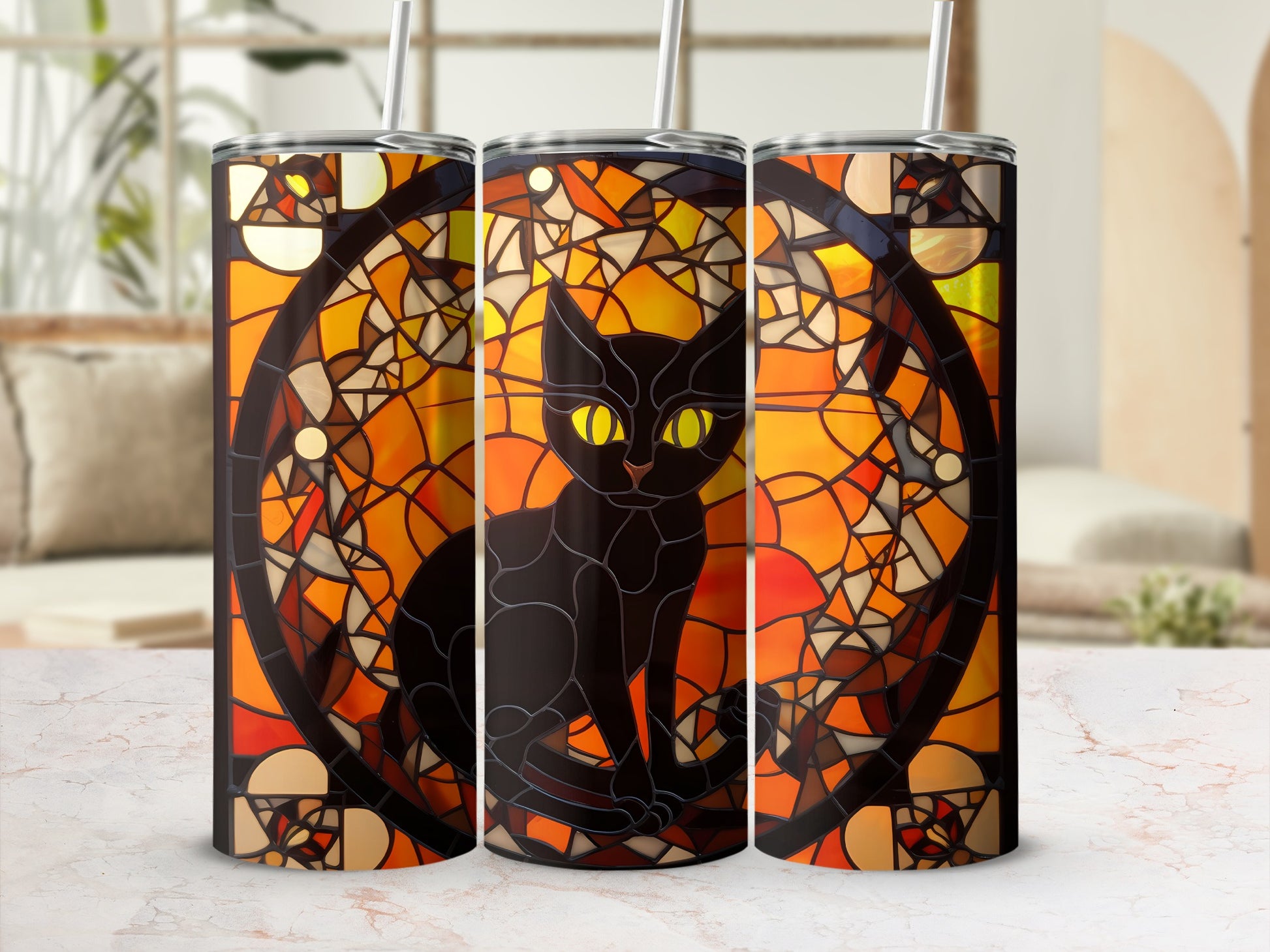 Black cat with yellow eyes within a stained glass pattern.