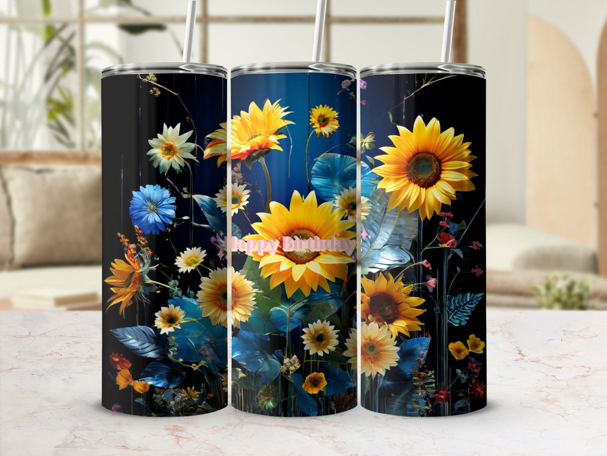 Tall tumbler with sunflowers and "Happy Birthday" text.