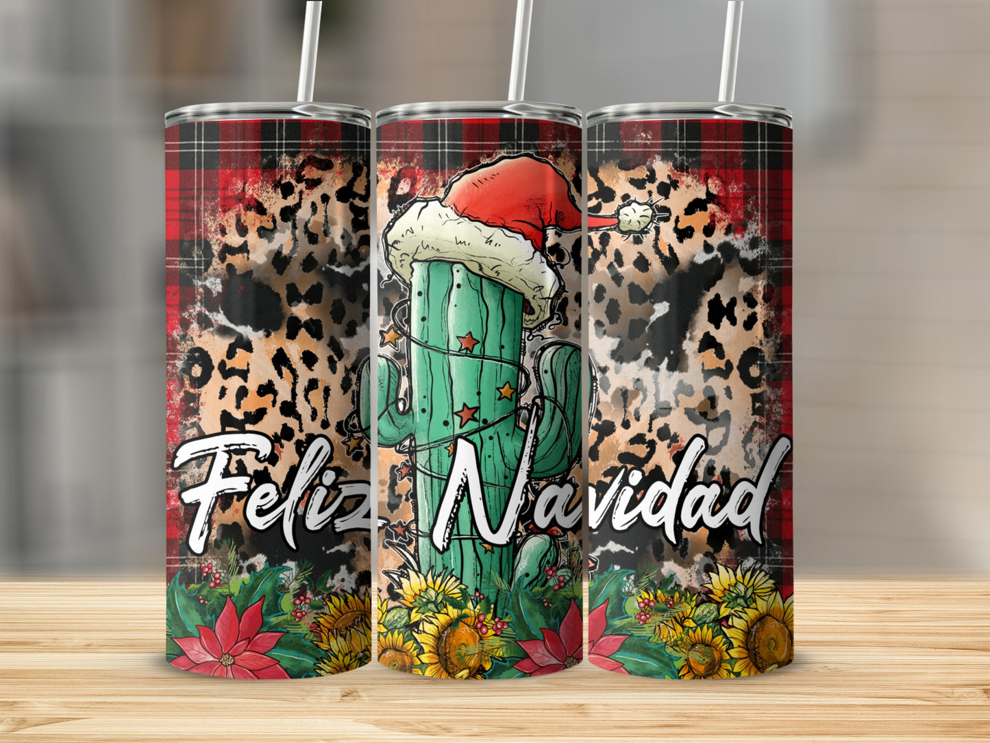 Green cactus wearing Santa hat with "Feliz Navidad" text on plaid background.