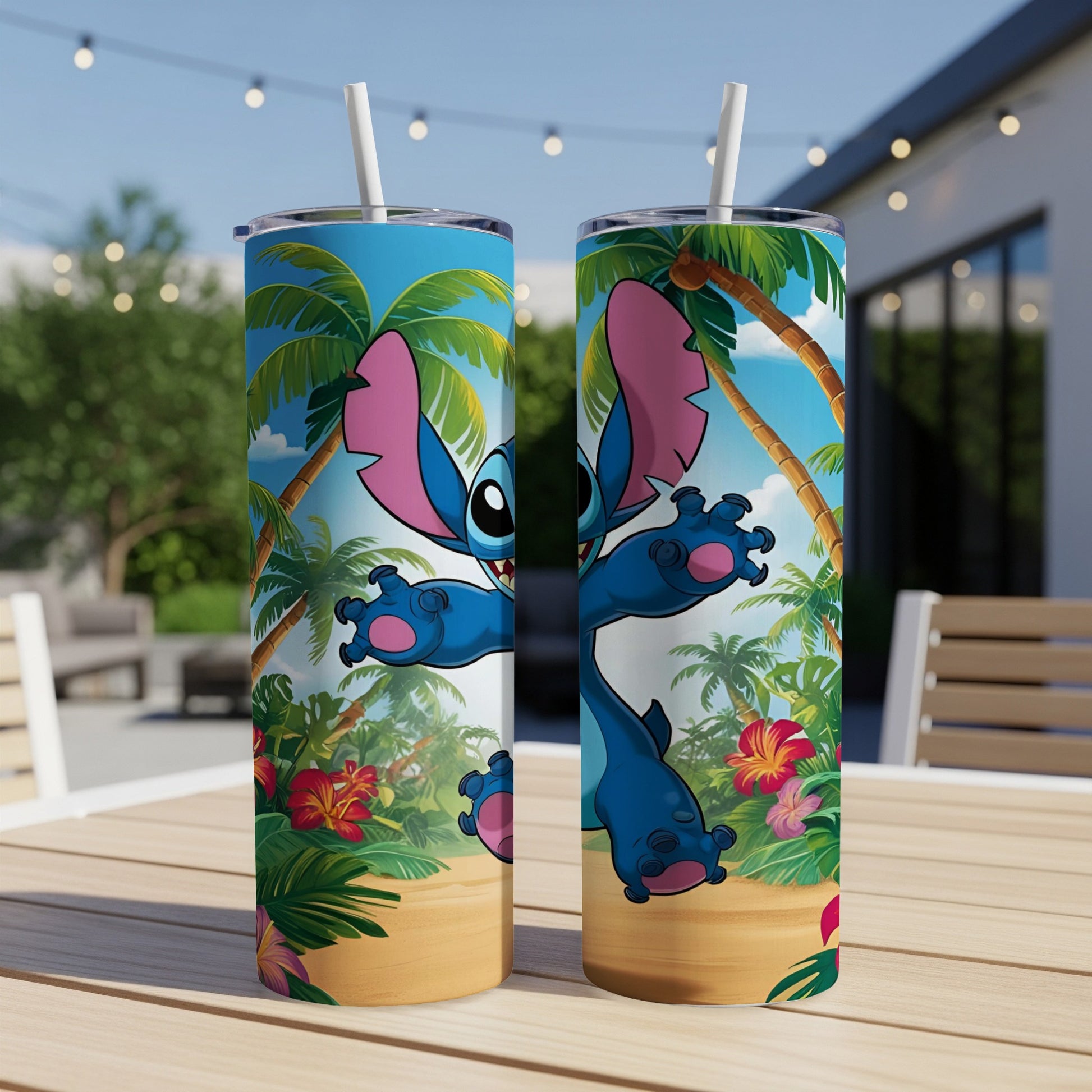 Stitch character on a tropical beach tumbler with palm trees and flowers.