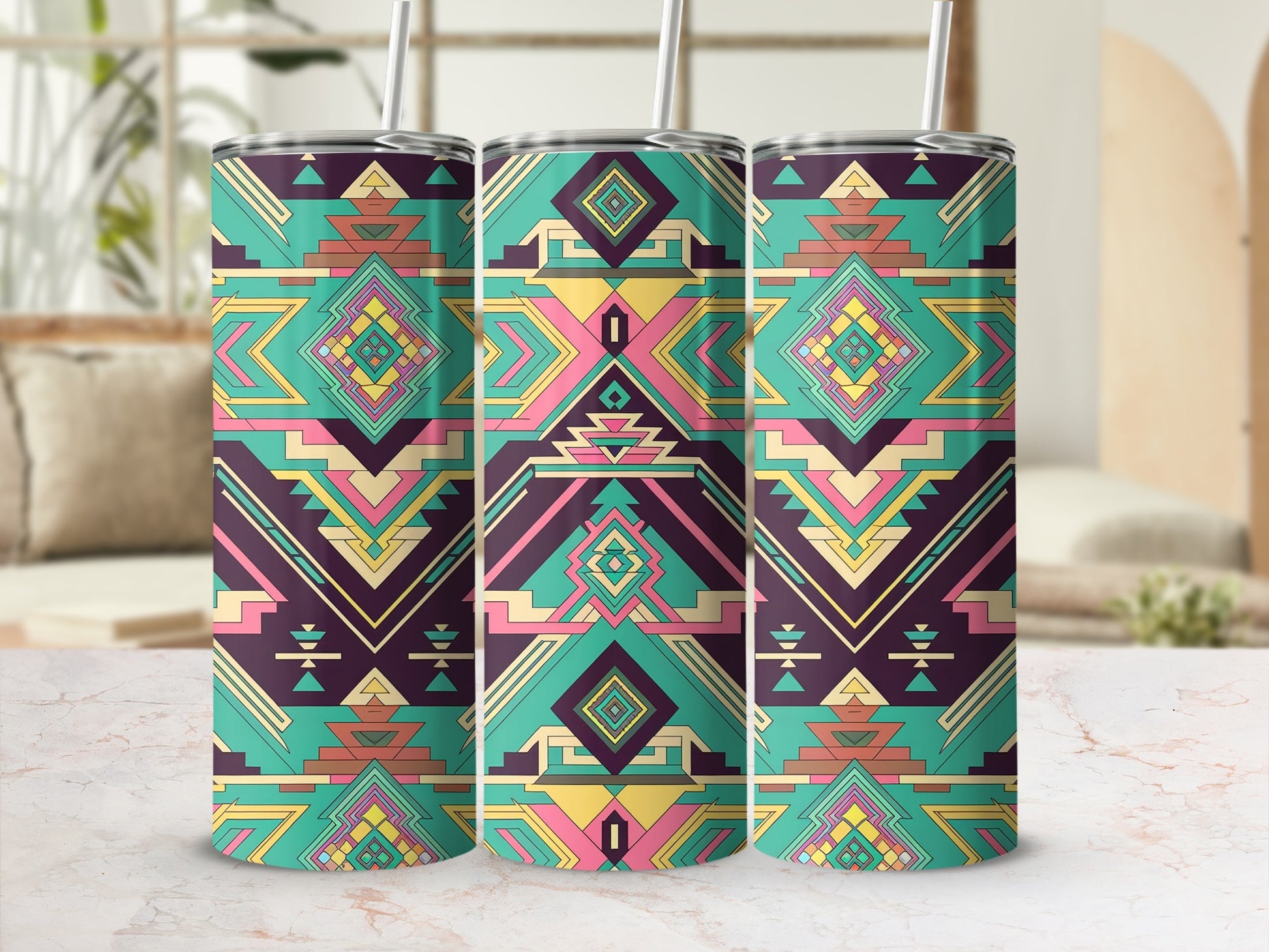 Three tumblers with a geometric Southwestern pattern in teal, pink, and yellow.