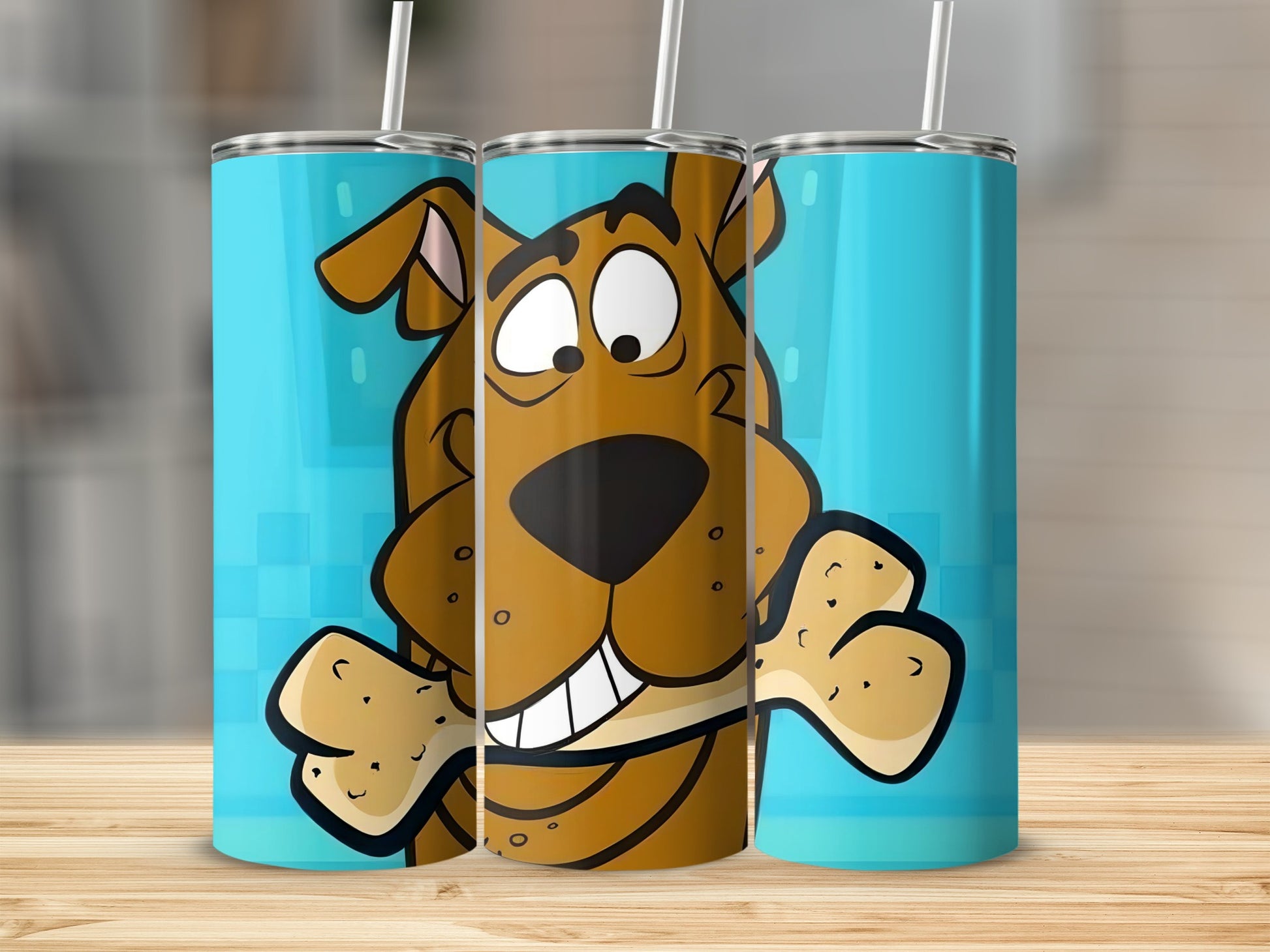 Scooby-Doo character smiling with a bone on a blue background tumbler.