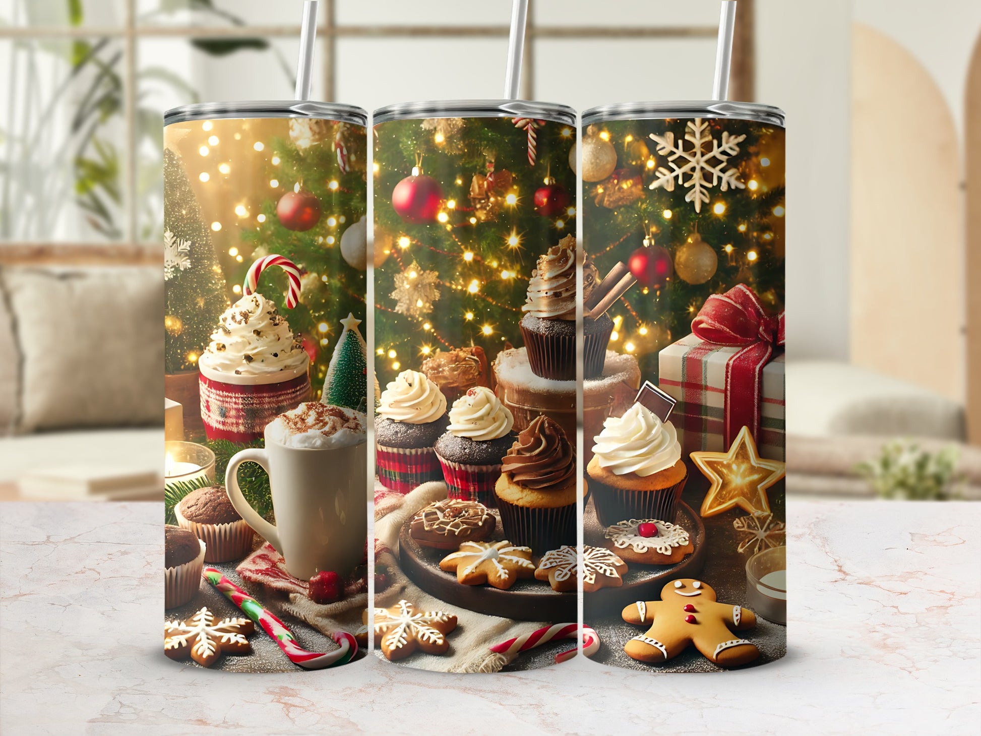 Christmas-themed tumbler with gingerbread, cupcakes, and hot cocoa.