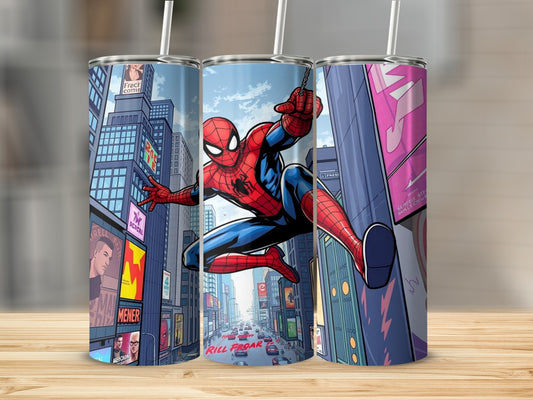 Spider-Man Swinging Through City Scene Tumbler