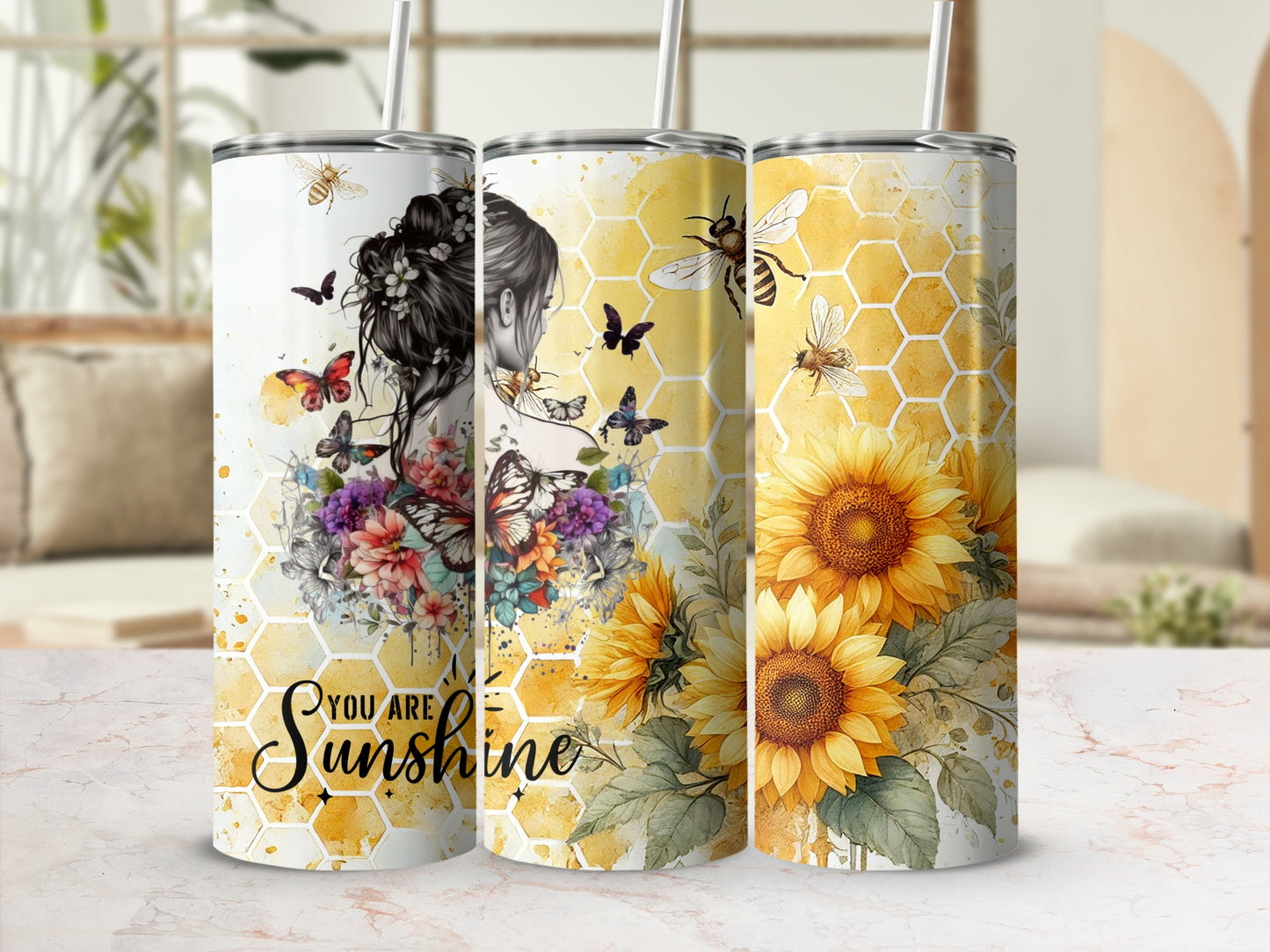 Three tumblers with sunflowers, bees, and butterflies, featuring "You Are Sunshine" text.