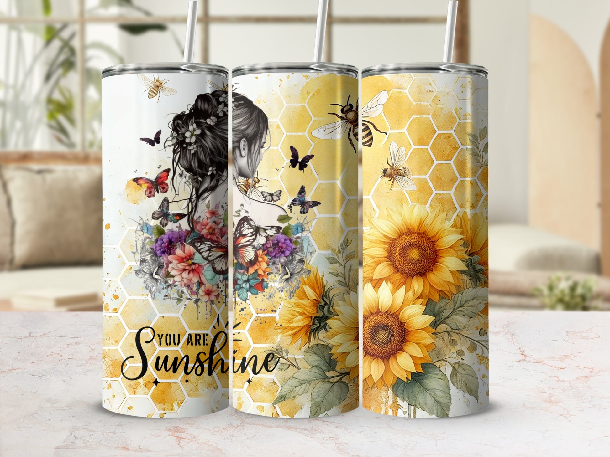 Three tumblers with sunflowers, bees, and butterflies, featuring "You Are Sunshine" text.