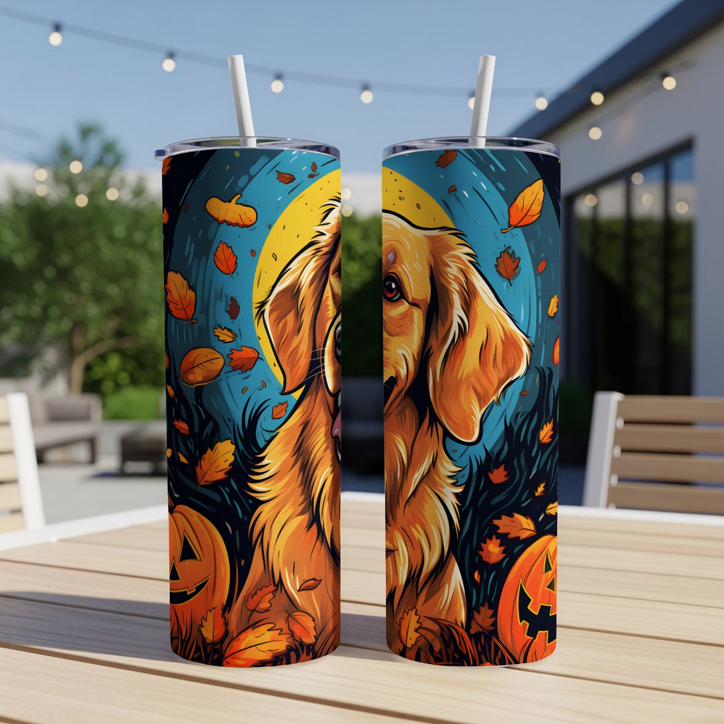 Two tumblers with a golden retriever and Halloween pumpkins design.