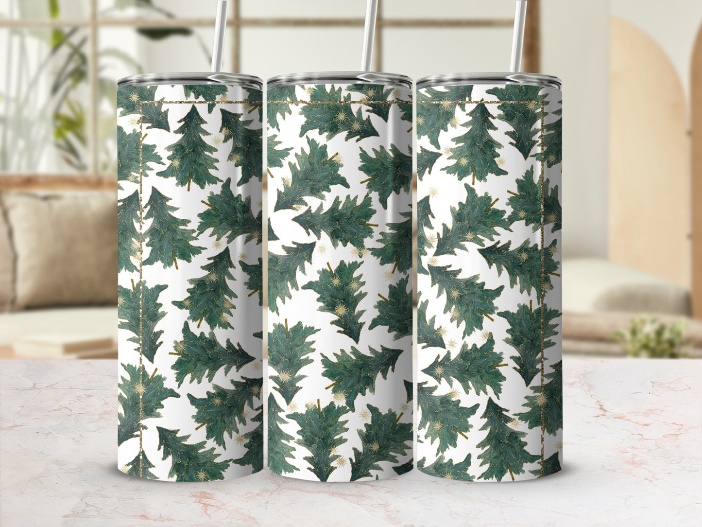 Three tumblers with a green Christmas tree and gold star pattern.