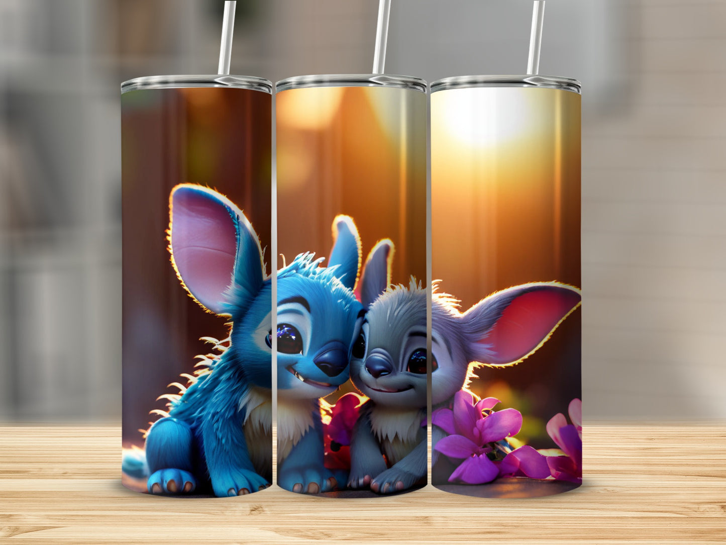 Two cartoon aliens, Stitch and Angel, cuddled together with flowers.