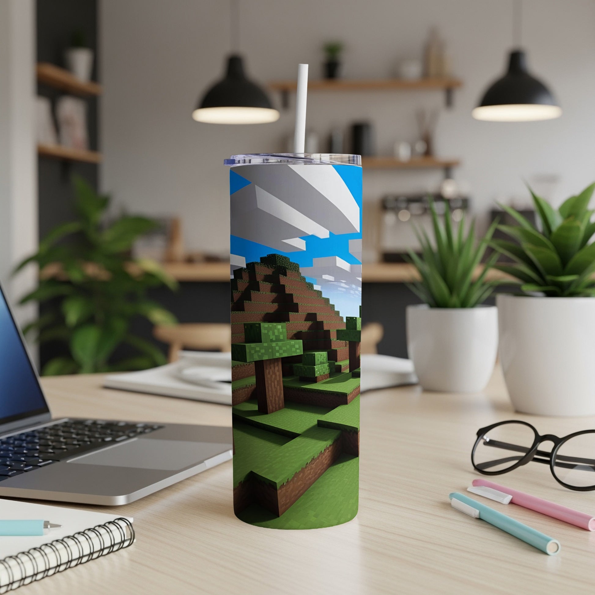 Minecraft-themed tumbler with pixelated landscape, sky, and grass.