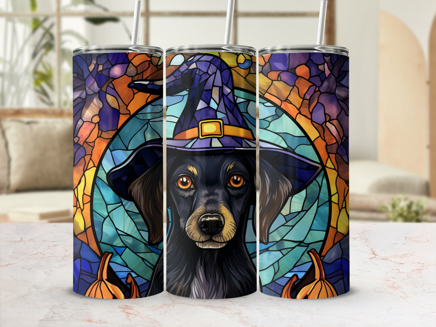 Witch hat dog in stained glass pattern with pumpkins, Halloween tumbler.