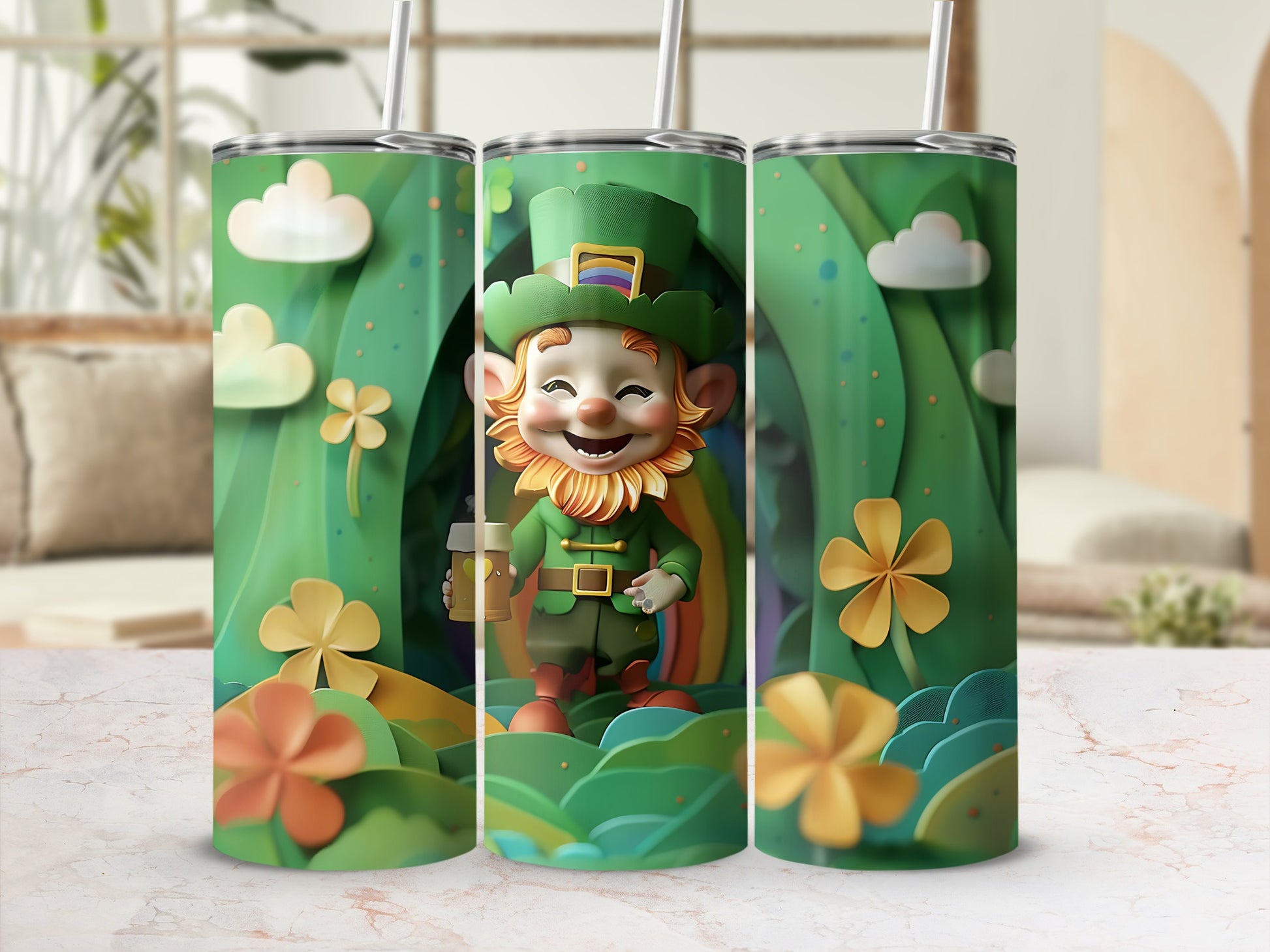 Leprechaun with lucky charms and rainbow backdrop on a tumbler.