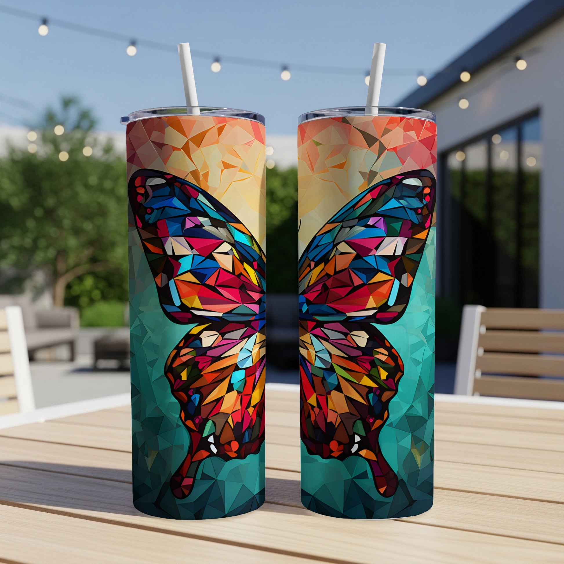 Two tall tumblers with colorful stained-glass butterfly wings design.