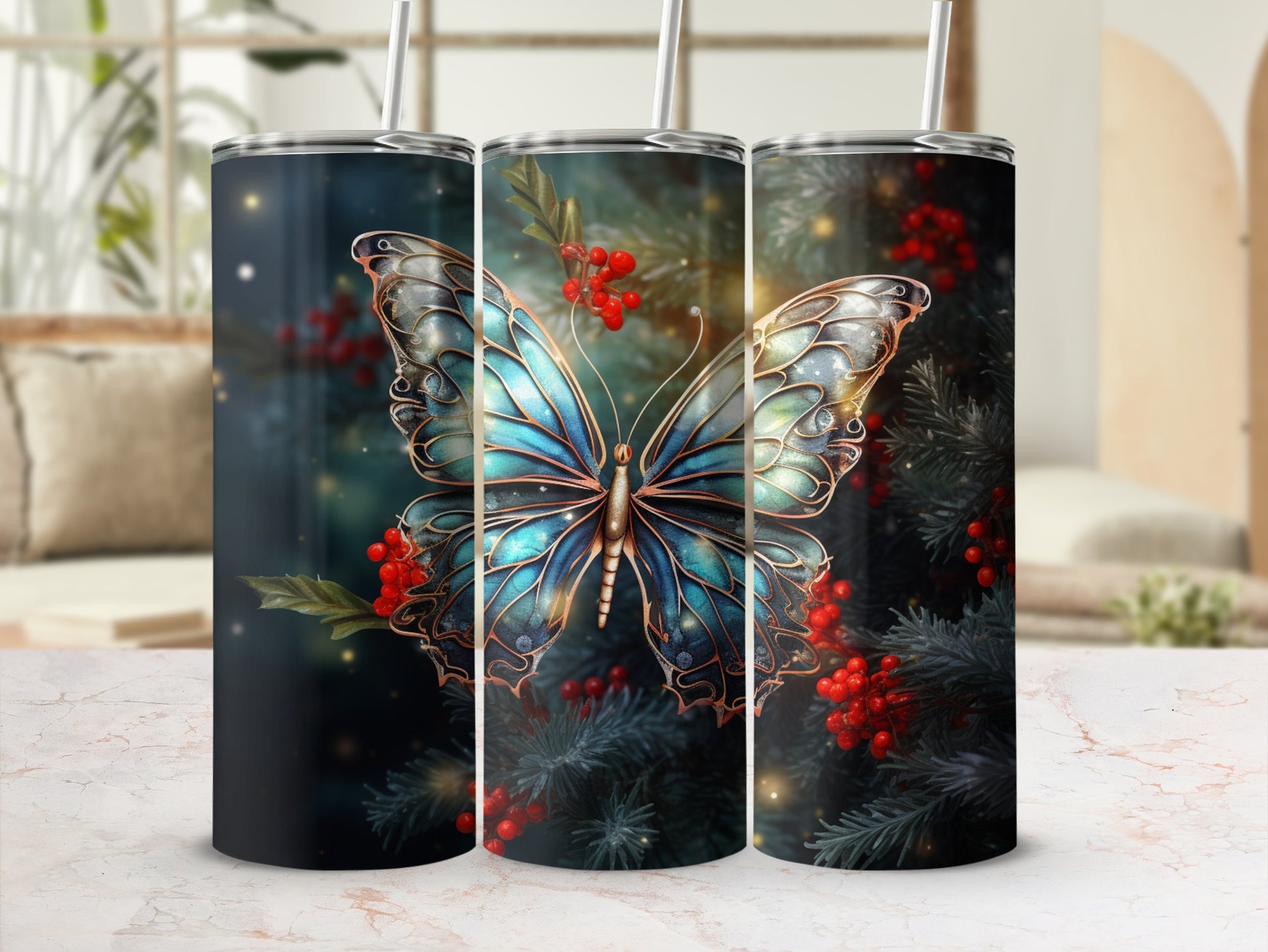 Blue iridescent butterfly on dark tumbler with festive red berries and greenery.