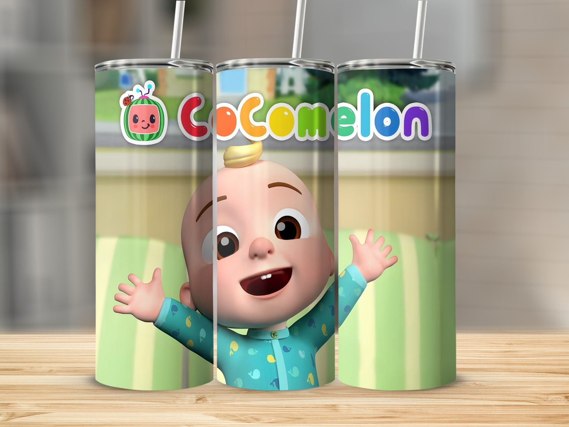 Cocomelon character JJ on a cylindrical tumbler with green background.