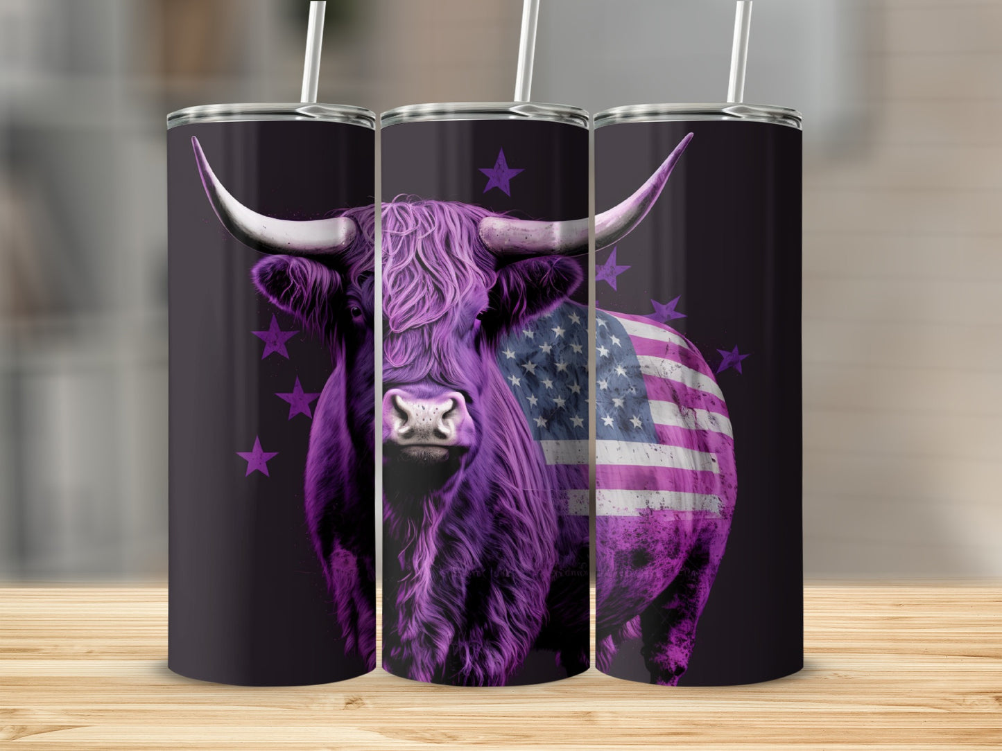 Purple Highland cow with American flag design on tumbler.