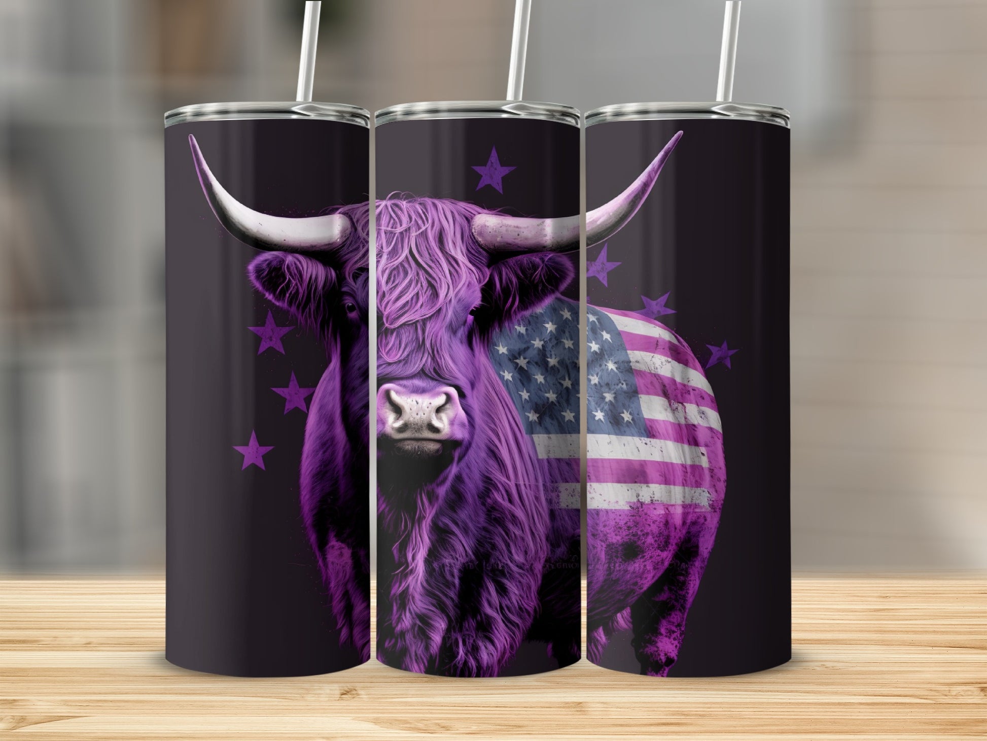 Purple Highland cow with American flag design on tumbler.